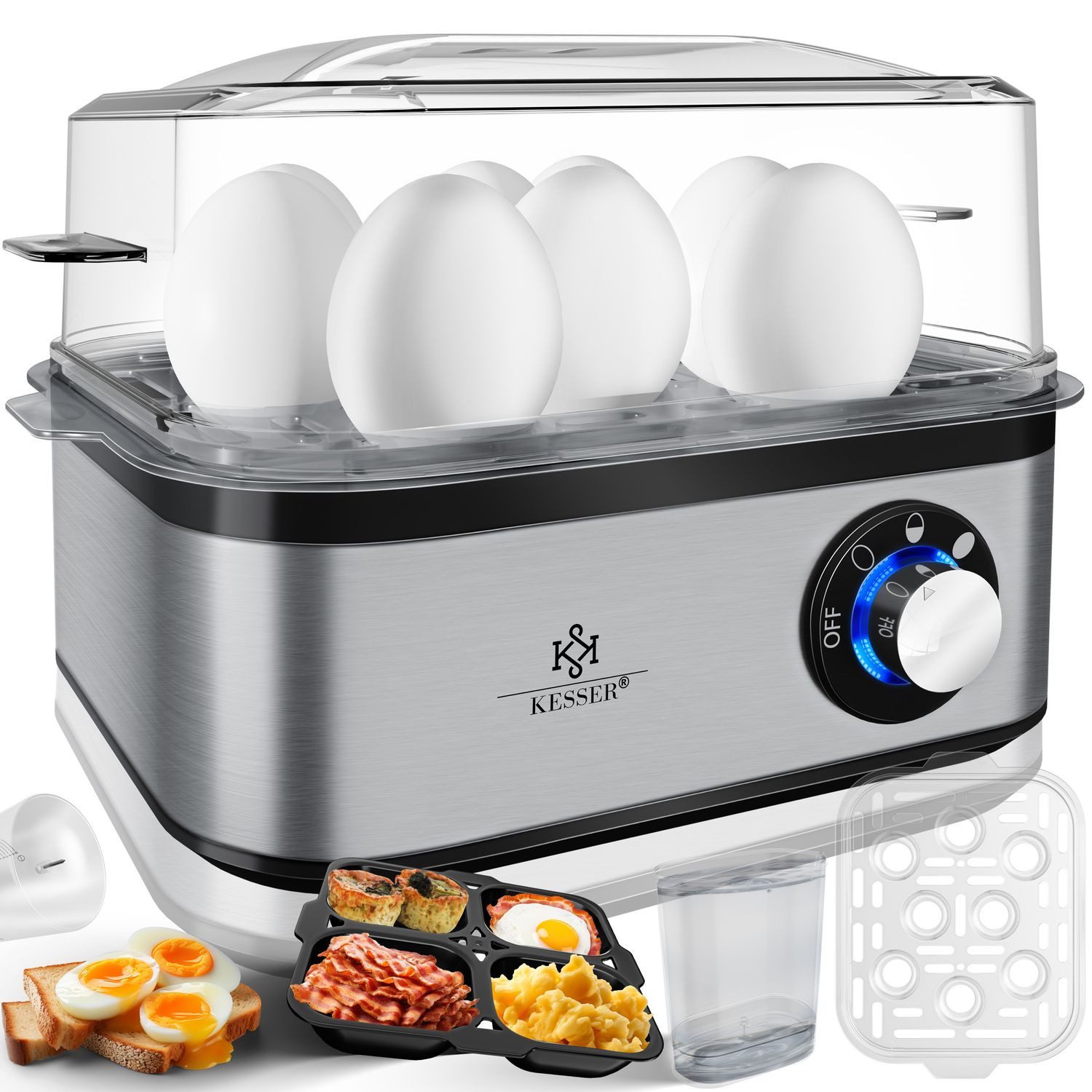 KESSER Eierkocher, für 1 bis 8 Eier elektrisch aus Edelstahl 500W & Warmhaltefunktion