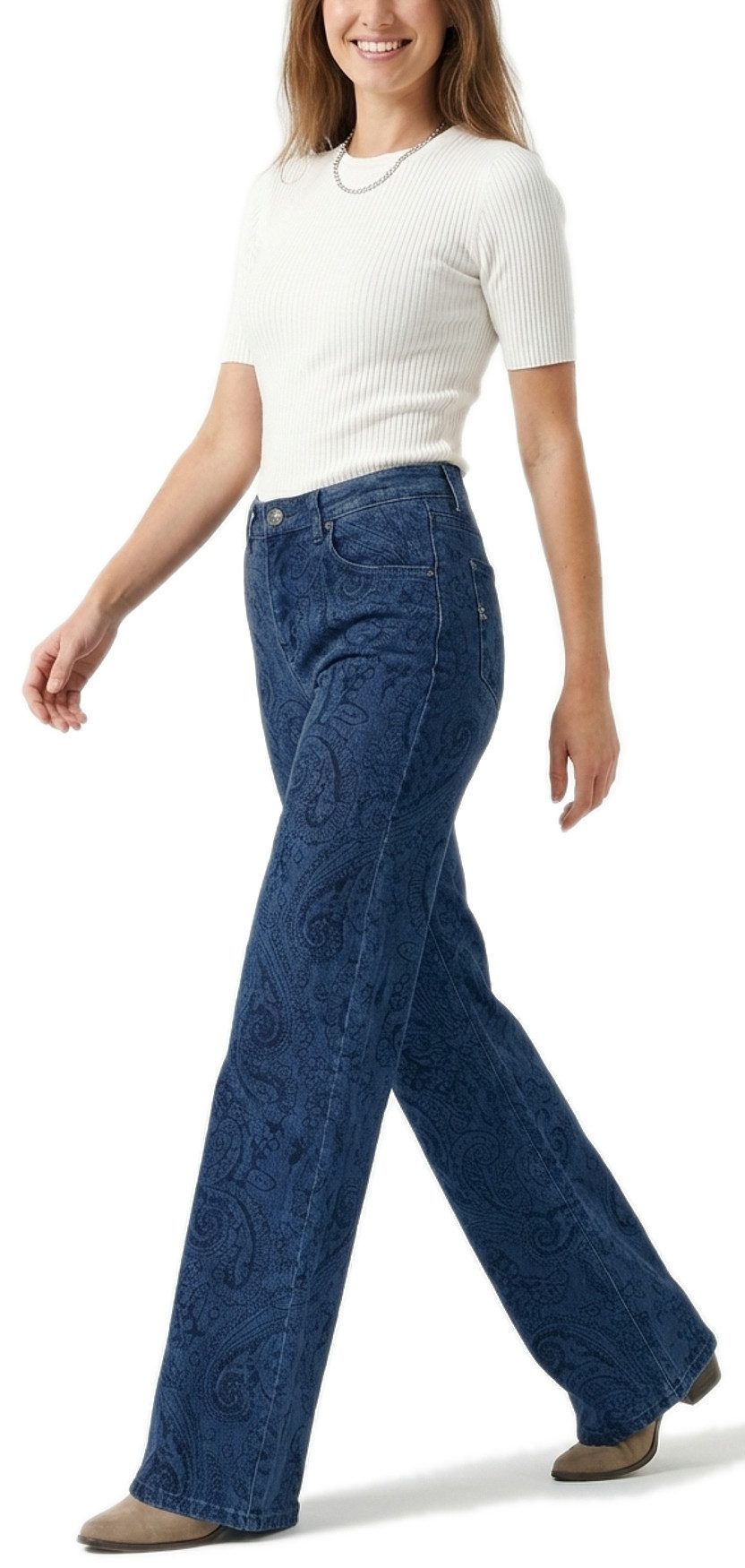 dy_mode Weite Jeans Damen Wide Leg Jeans mit Paisley-Muster 5-Pocket-Jeans mit weitem Bein All-Over-Paisley-Muster, Wide Leg
