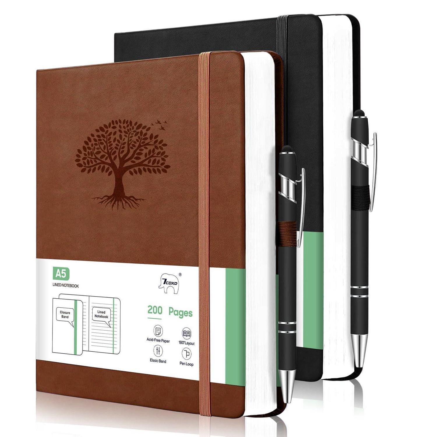 LuxusKollektion Notizbuch 2er-Pack A5 Notizbuch Lederoptik mit Stiften Braun/Schwarz