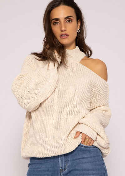 SASSYCLASSY Strickpullover Oversize Pullover Damen aus weichem Grobstrick Lässiger Strickpullover lang mit Cut-Out und Turtleneck, Made in Italy