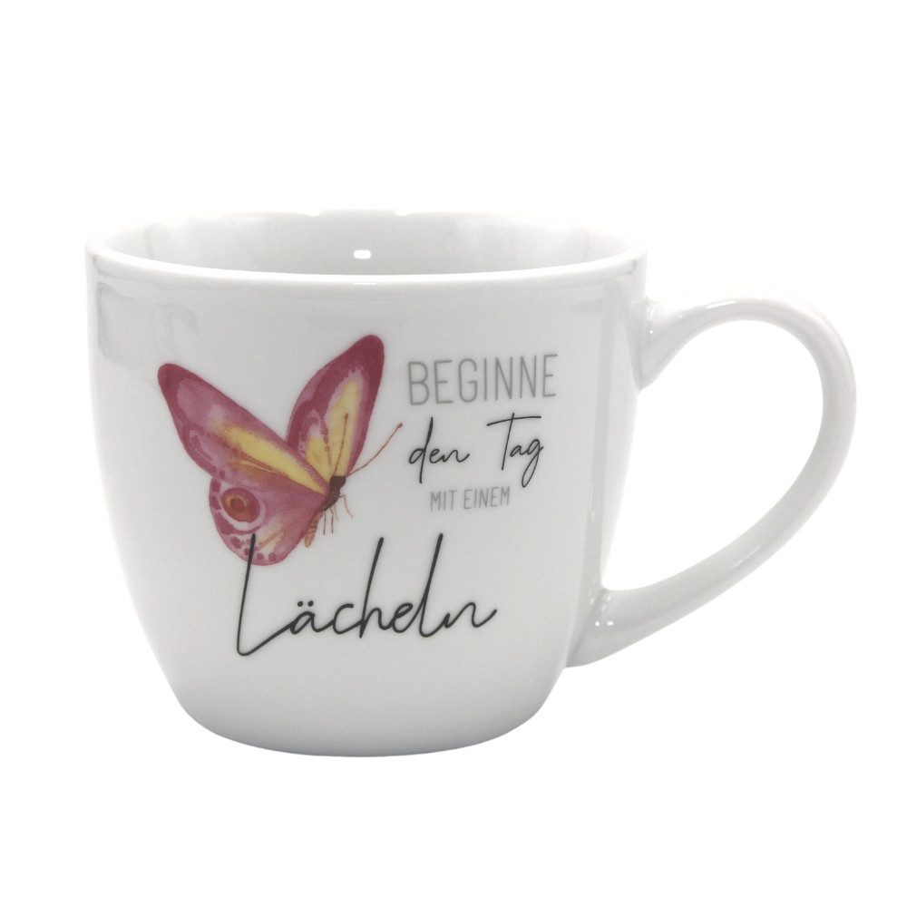 Dekohelden24 Tasse Maxi - Kaffeebecher Porzellan Motiv: Beginne den Tag mit einem Lächeln, Porzellan, Spülmaschinengeeignet.