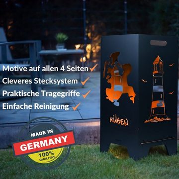 Feuertonnen Bertling Feuerschale XL Feuertonne mit Rügen & Leuchtturm Motiv Feuerkorb Feuerschale Feuerstelle 80 cm, (Motiv: Rügen & Leuchtturm)