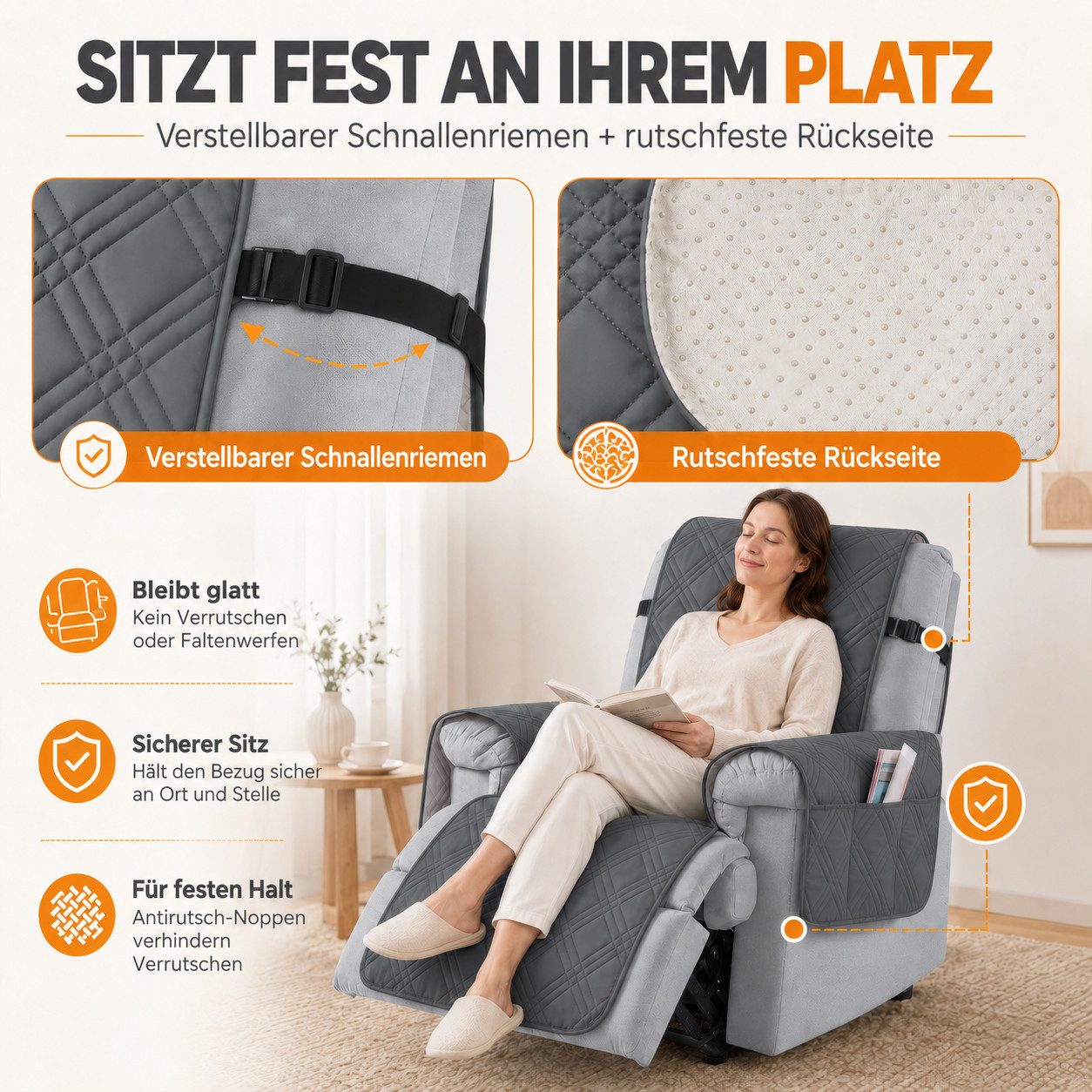BlingBin Sesselschoner Sessel Überzug Rutschfest,Sesselbezug Fernsehsessel mit Taschen, 100% Wasserdicht, für Relaxsessel 1 Sitzer, Maschinenwaschbar – Bild 5 von 5