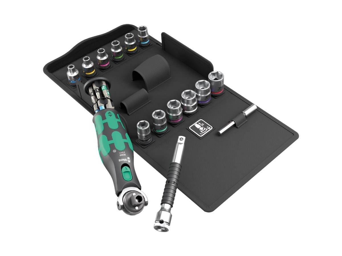 Wera Schraubendreher 8009 Zyklop Pocket, (Set, 27 St., 3 Knarren mit integriertem Bit-Magazin), frei schwenkbarer Knarrenkopf, magnetische Direktaufnahme