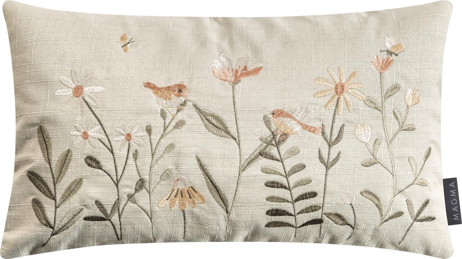 Magma Heimtex Kissenhülle Zierkissenhülle Lotta ca. 30 x 50 cm, (1 Stück), Vorderseite bestickt Gräsern Blumen Insekten - Rückseite pastellgrün