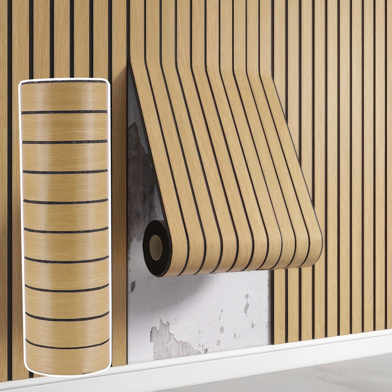 BlingBin Wandpaneel Selbstklebende 3D Wandpaneele, Lamellentapete, Holzlatten-Tapete, BxL: 40x300 cm, 1,2 qm, (3D Wandverkleidung in Rollenform, 1-tlg., 40 x 300 cm, 1,2 m) Ohne Bohren, zuschneidbar, wasserabweisend, für glatte Innenwände