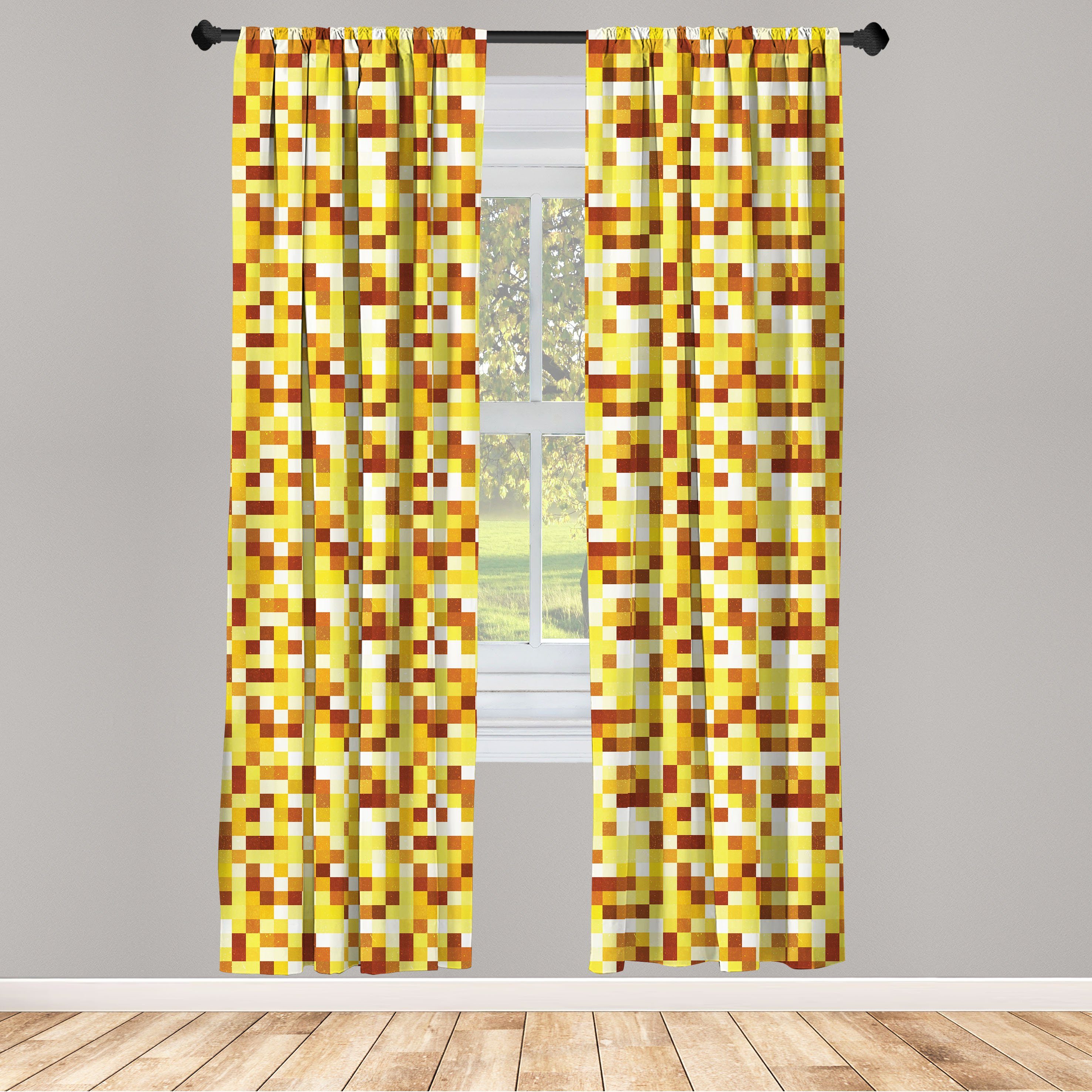 Gardine Vorhang für Wohnzimmer Schlafzimmer Dekor, Abakuhaus, Microfaser, Abstrakt Pixel Art Grunge Quadrate