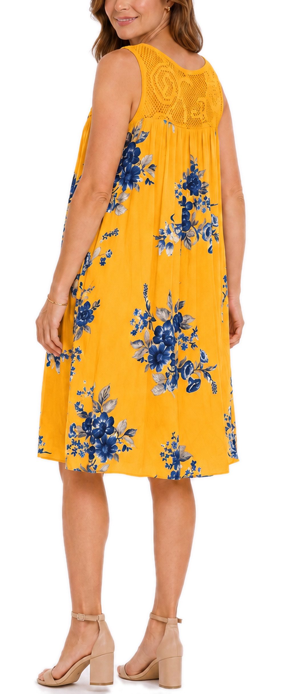 dy_mode Midikleid Damen Sommerkleid Blumenmuster Midi Kleid Strandkleid knielang Knielang, Transparente Häkel-Einsatz im Dekolleté- und Rückenbereich