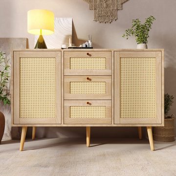 Odikalo Kommode Sideboard 2 Türen 3 Schubladen Rattan Eiche Verstellbar Ablage