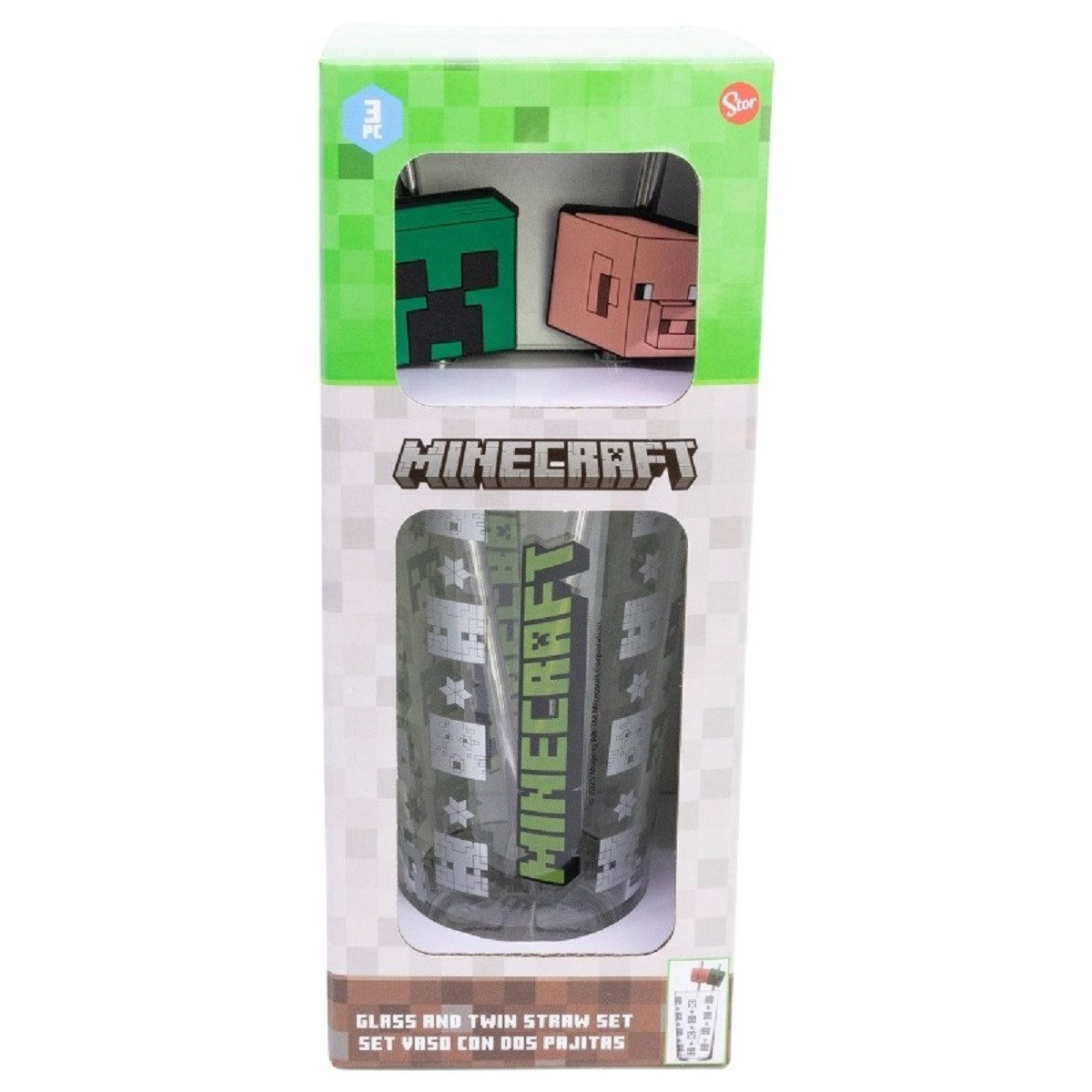 Minecraft Glas 480 ml mit 2 Edelstahl Trinkhalmen, 3-tlg., Glas