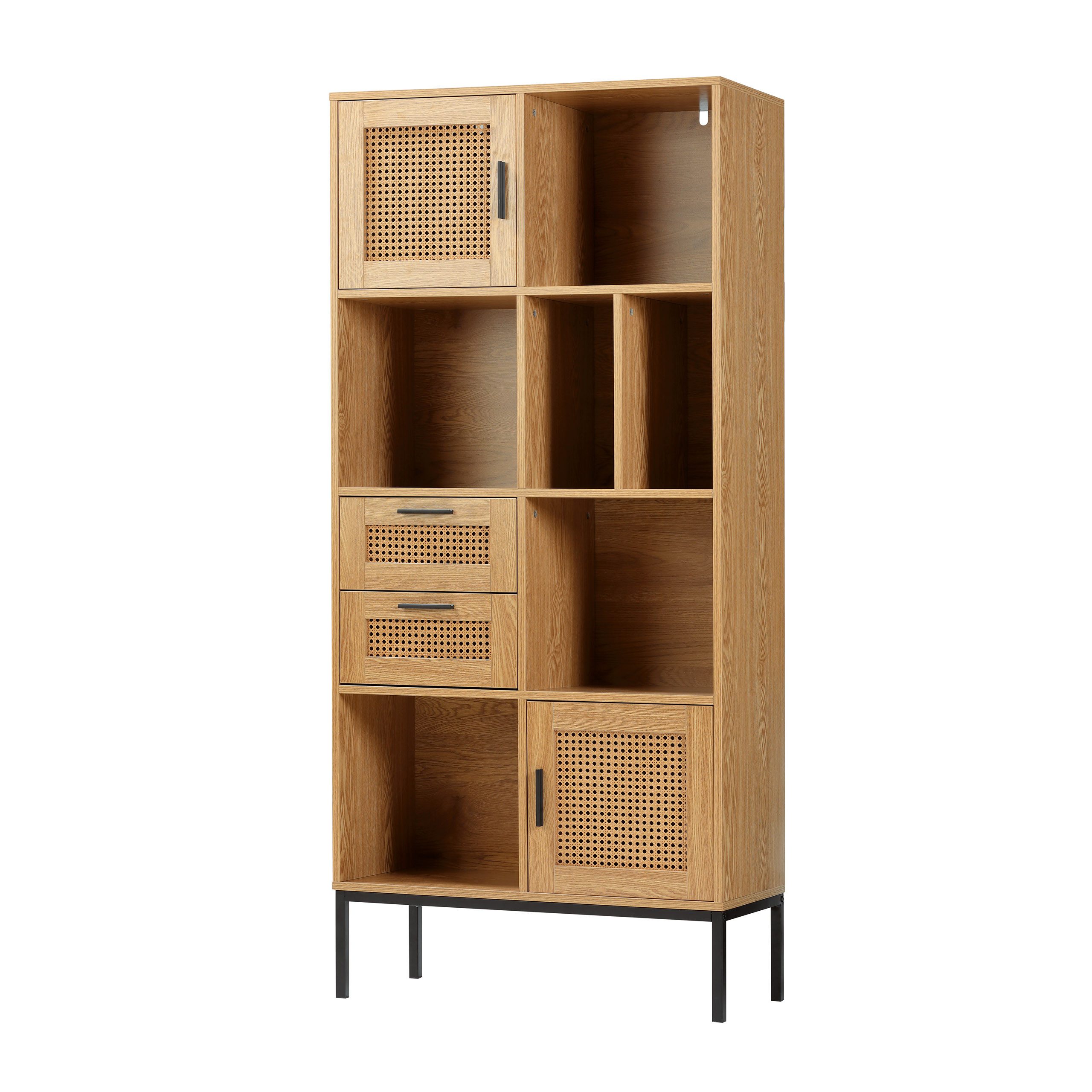 kamelshopping Standregal Wohnregal in Rattan-Optik mit 2 Türen, 2 Schubladen und 6 Fächer, Wohnzimmer-Regal aus Metall / MDF-Holz, stehend, 75 x 167,5 x 35 cm
