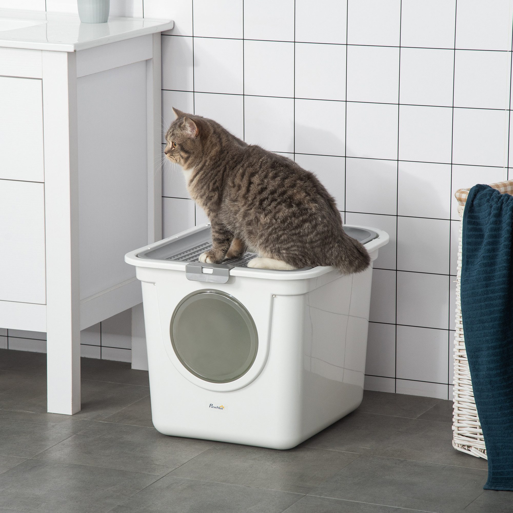 PawHut Katzentoilette Katzenklo mit Deckel mit Haube Schaufel für Katzen bis 5 kg, Grau+Weiß,44L x 55B x 39Hcm