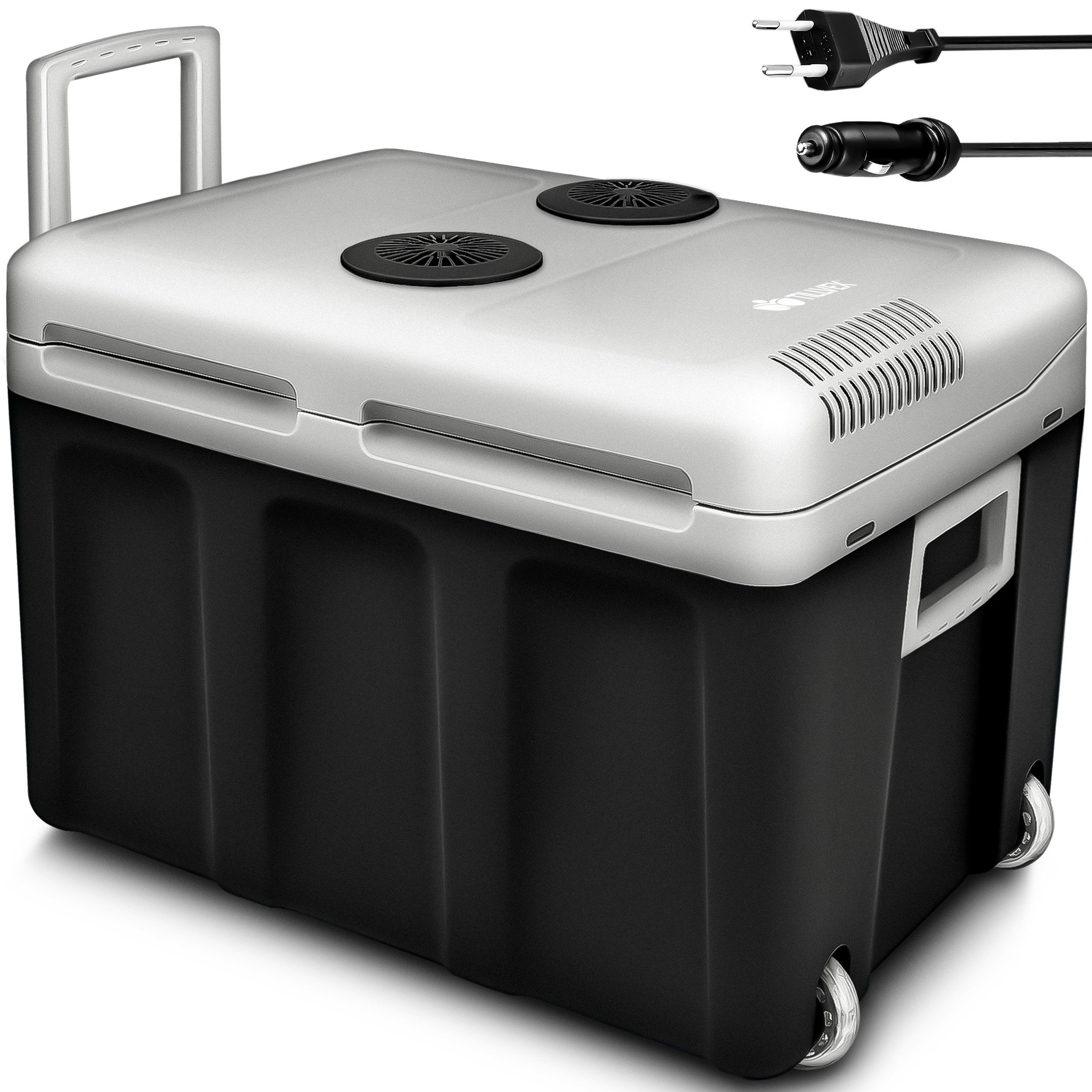 tillvex Kühlbox elektrisch 40L mit Rollen Mini-Kühlschrank, 230 V und 12 V für KFZ Auto Camping, kühlt & wärmt, ECO-Modus