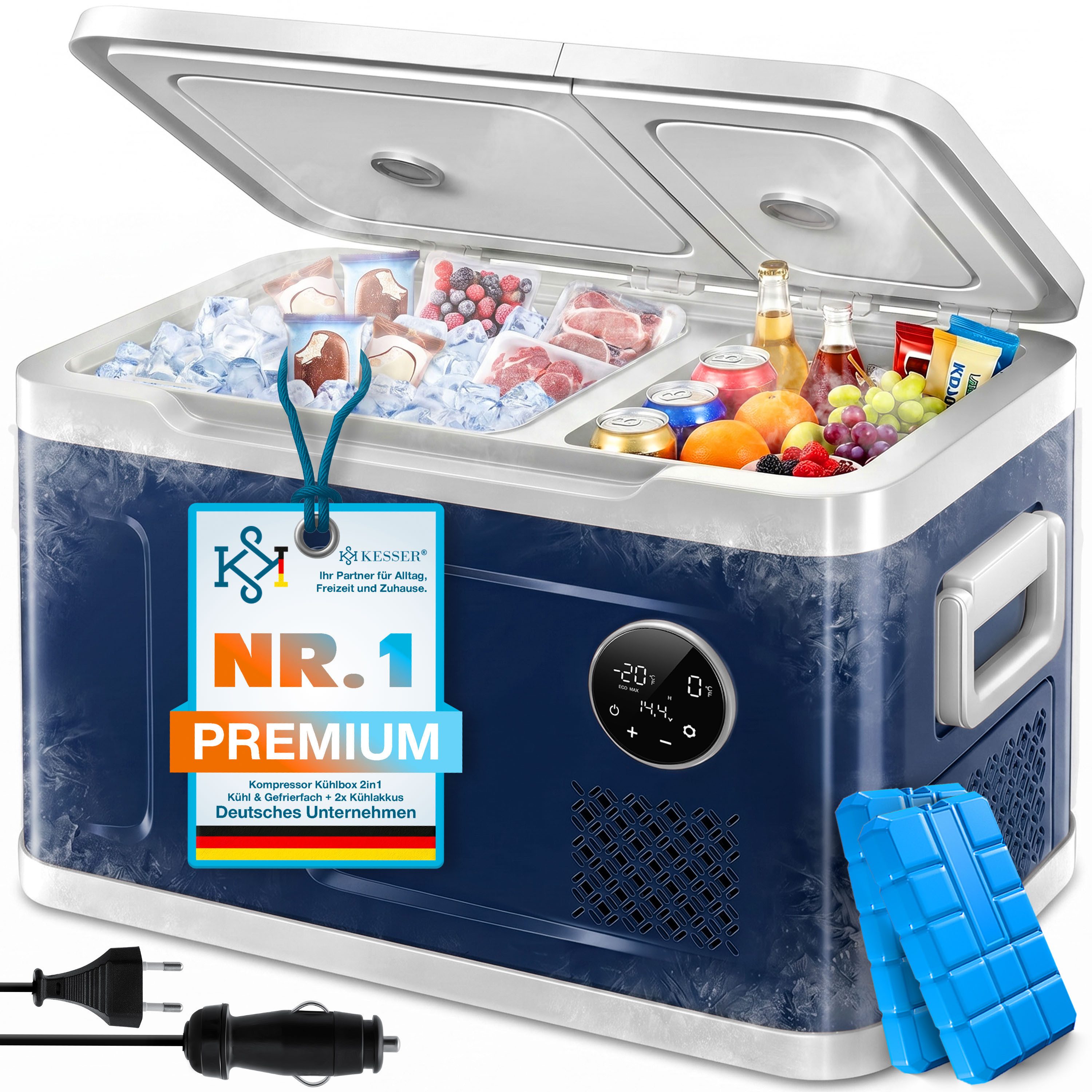 KESSER Kühlbox Kompressor 2in1 Doppelzone Kühl & Gefrierfach elektrische Gefrierbox, 49 l, mit 2x Kühlakkus & LED-Touch-Bedienung Kühlschrank bis -20 °C