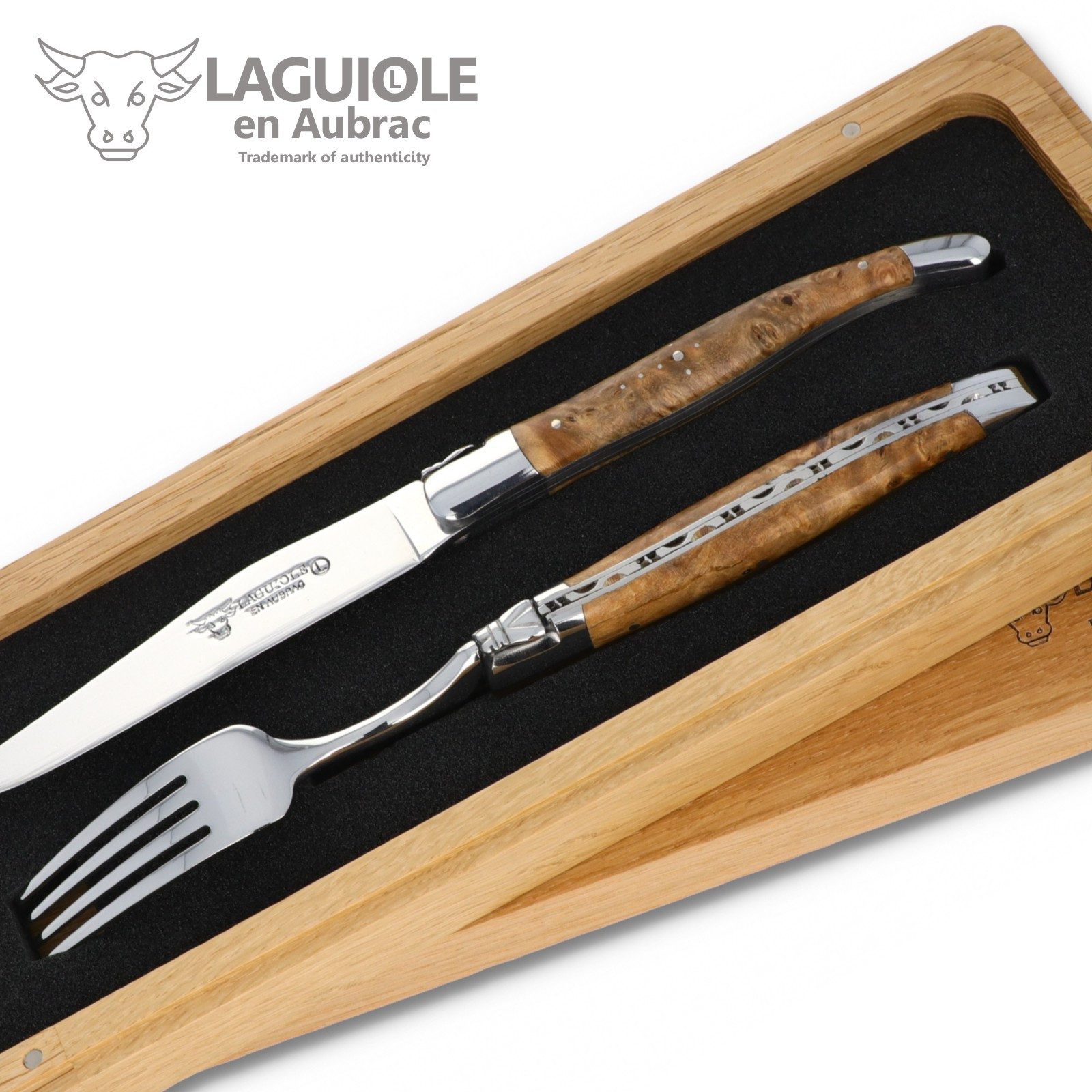Laguiole en Aubrac Steakbesteck 1CF99TYIH BRI, 1 Messer / 1 Gabel - Griff Linde - Backen glänzend - Stahl glänzend