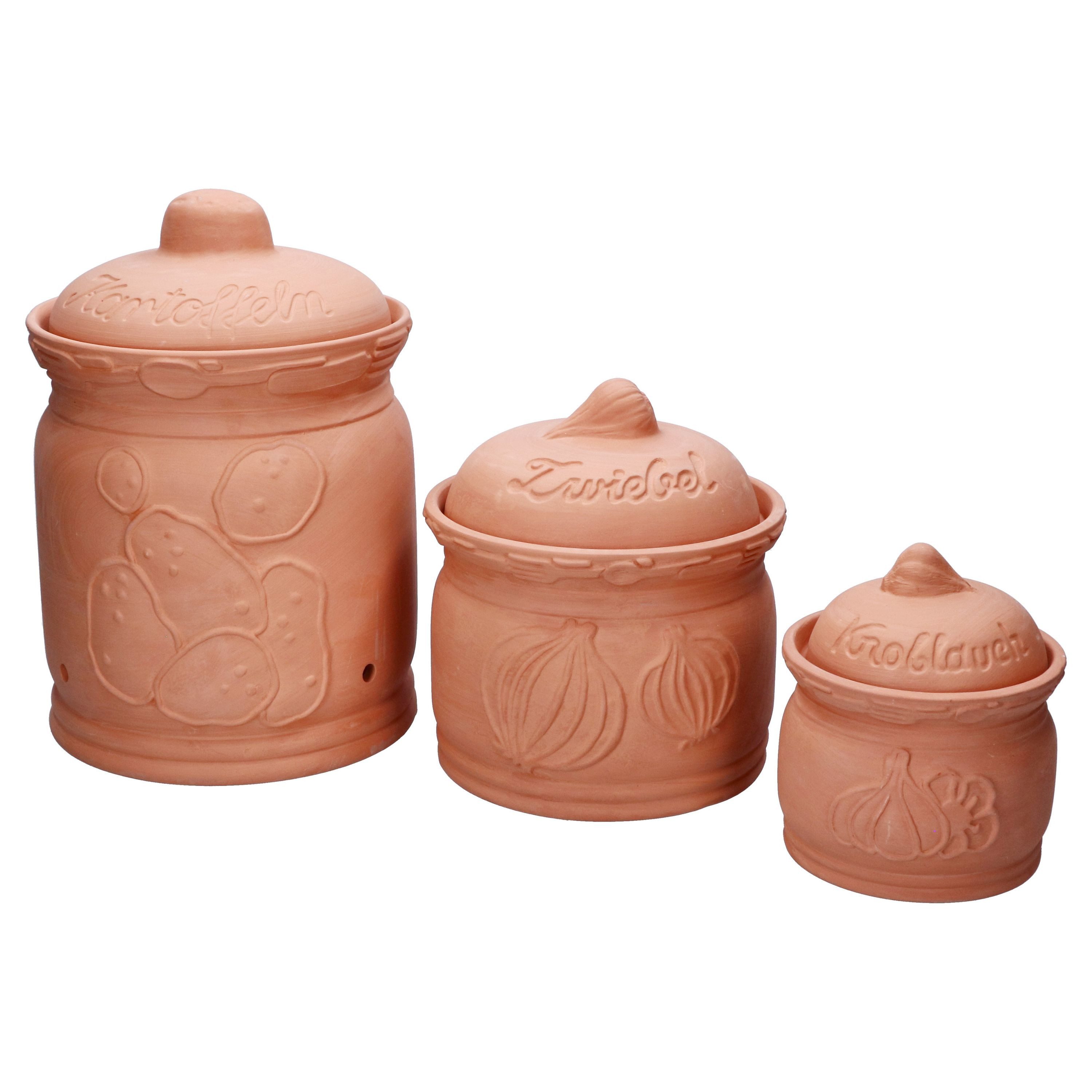 MamboCat Vorratsglas 3er Set Terra Tontöpfe Deckel Terrakotta Kartoffel Zwiebel Knoblauch, Terracotta