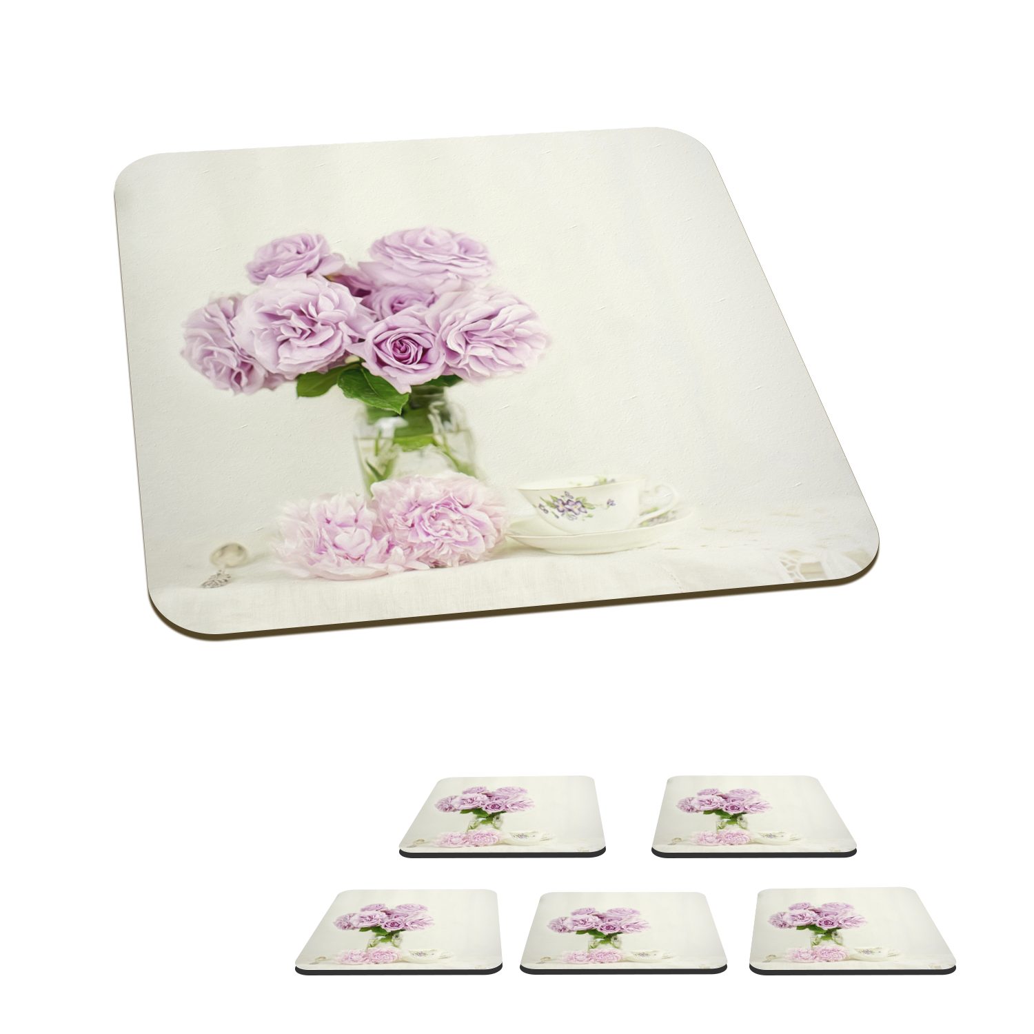 MuchoWow Glasuntersetzer Blumenstrauß aus rosa Pfingstrosen an einer Teetasse, Zubehör für Gläser, 6-tlg., Glasuntersetzer, Tischuntersetzer, Korkuntersetzer, Untersetzer, Tasse