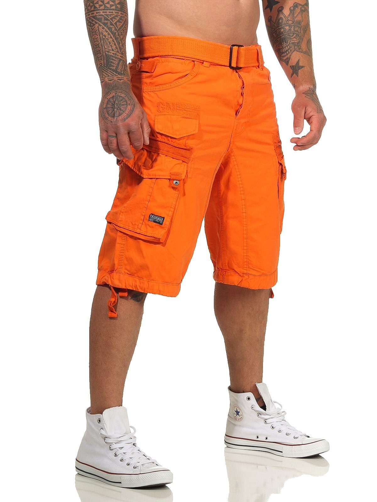 abnehmbarem Herren Geographical Cargoshorts (mit Gürtel) Shorts unifarben PANORAMIQUE Shorts, kurze camouflage / Norway orange Hose,