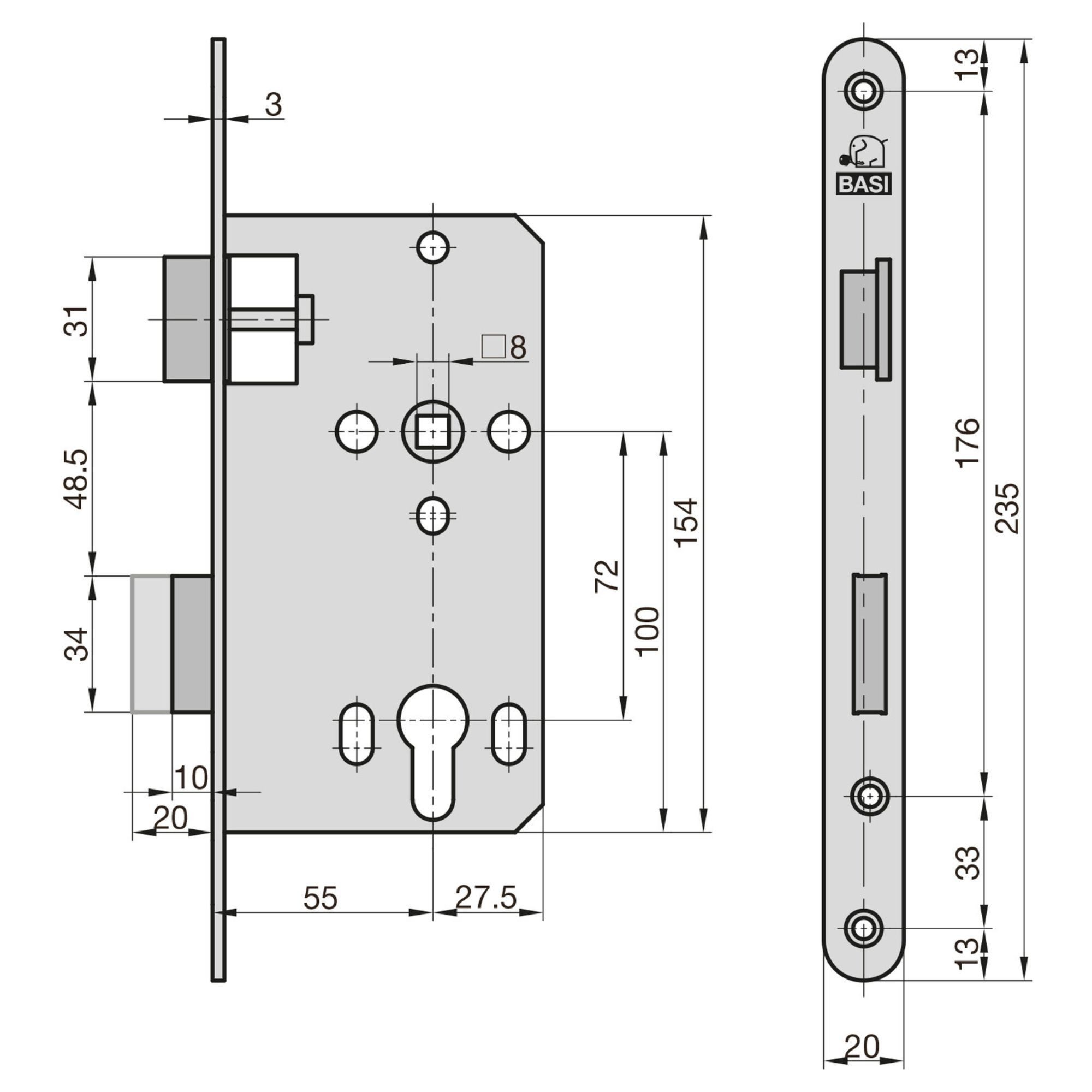 BASI Einsteckschloss Zimmertürschloss mit PZ-Lochung 72/8 mm, Dorn 55mm, Dornmaß 55 mm, Spar-Set, Profilzylinder mit Wechsel, DIN Rechts, Rundstulp Edelstahl