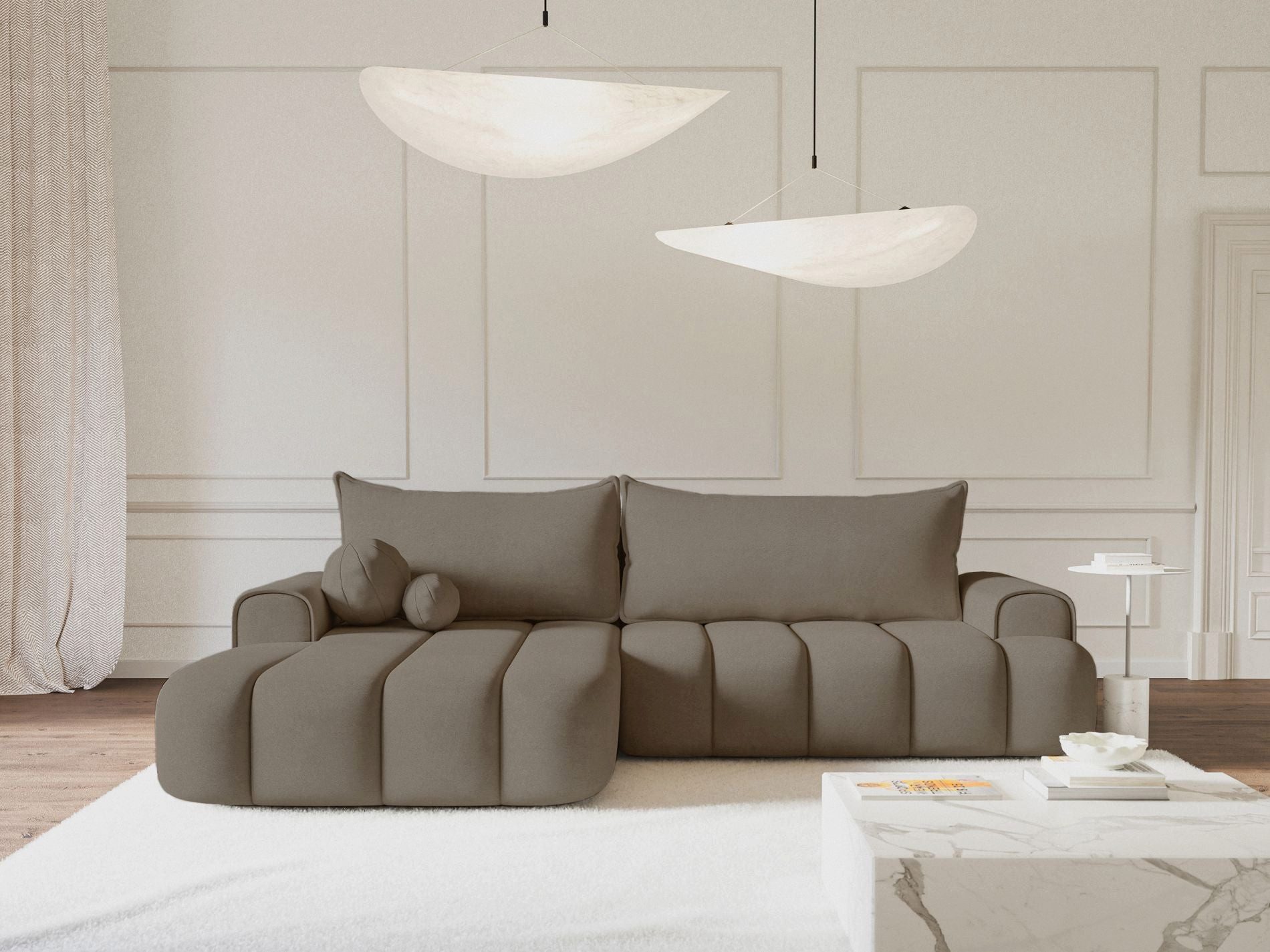 Selsey Ecksofa DANDELINO, Schlafsofa mit Bettkasten, Bezug wahlweise in Bouclé oder Samt, 275 cm