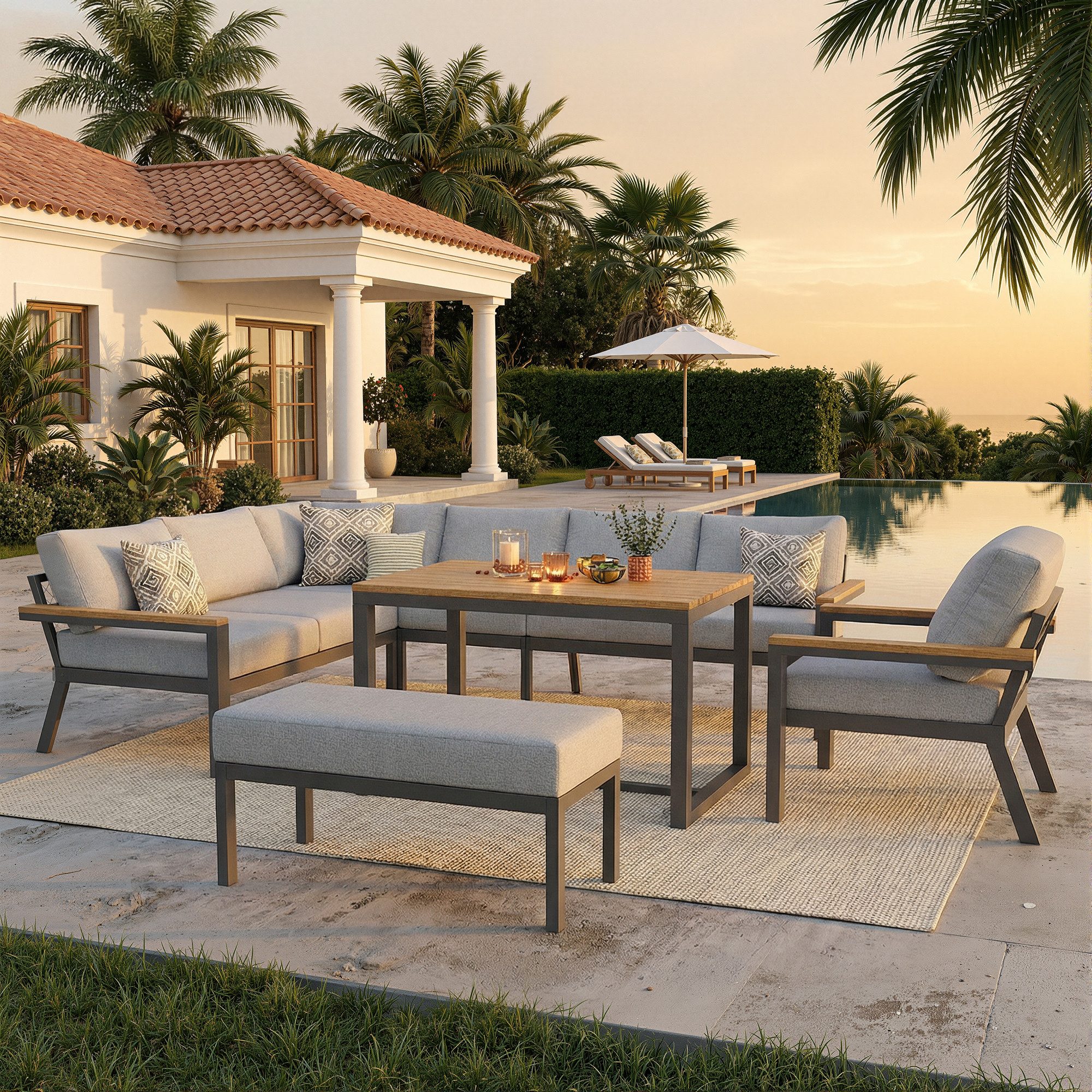 MODFU Gartenlounge-Set Outdoor Sonnenliege Set, (mit Holztisch,Wetterfeste Eckgarnitur aus Eisen., 1-tlg)
