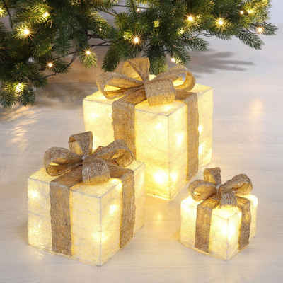 Spetebo LED Dekoobjekt LED Geschenkboxen mit Timer 3er Set - creme, Timerfunktion, LED fest verbaut, warm weiß, Weihnachts Deko Boxen warm weiß beleuchtet