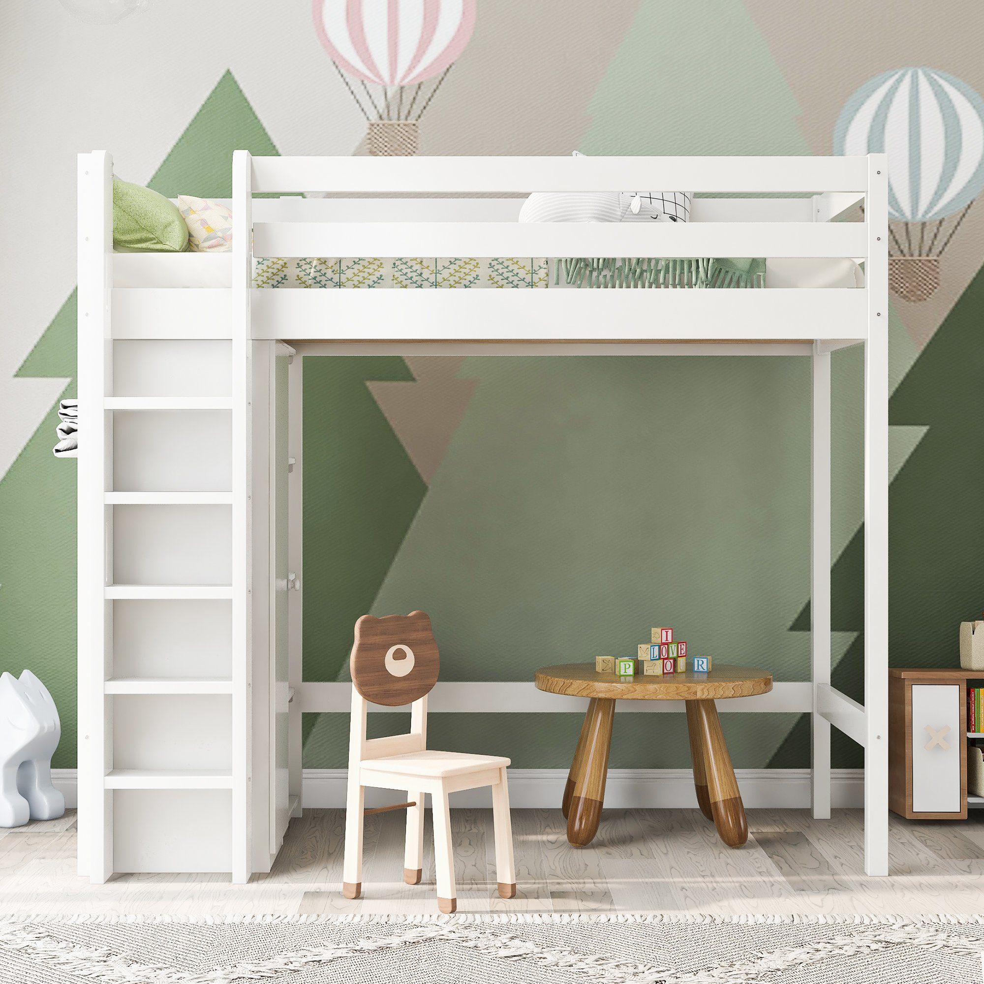 Hochbett (Stauraumbett Liegefläche 90x200 cm mit Kleiderschrank) Kinderbett mit Lattenrost, aus massivem Kiefernholz