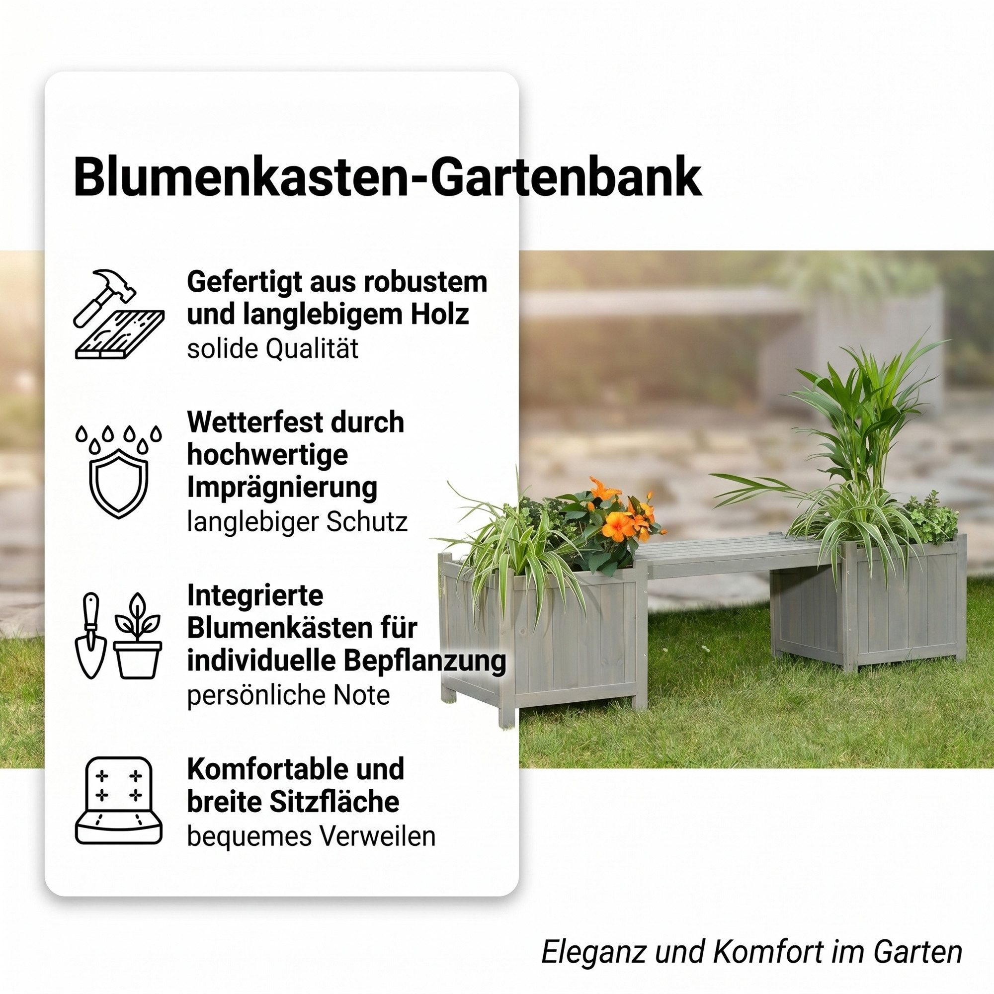 Mucola Gartenbank Gartenbank mit 2 Blumenkästen Garten Bank 2in1 Blumenkasten Holzbank (Stück, Blumenkasten), Imprägniert