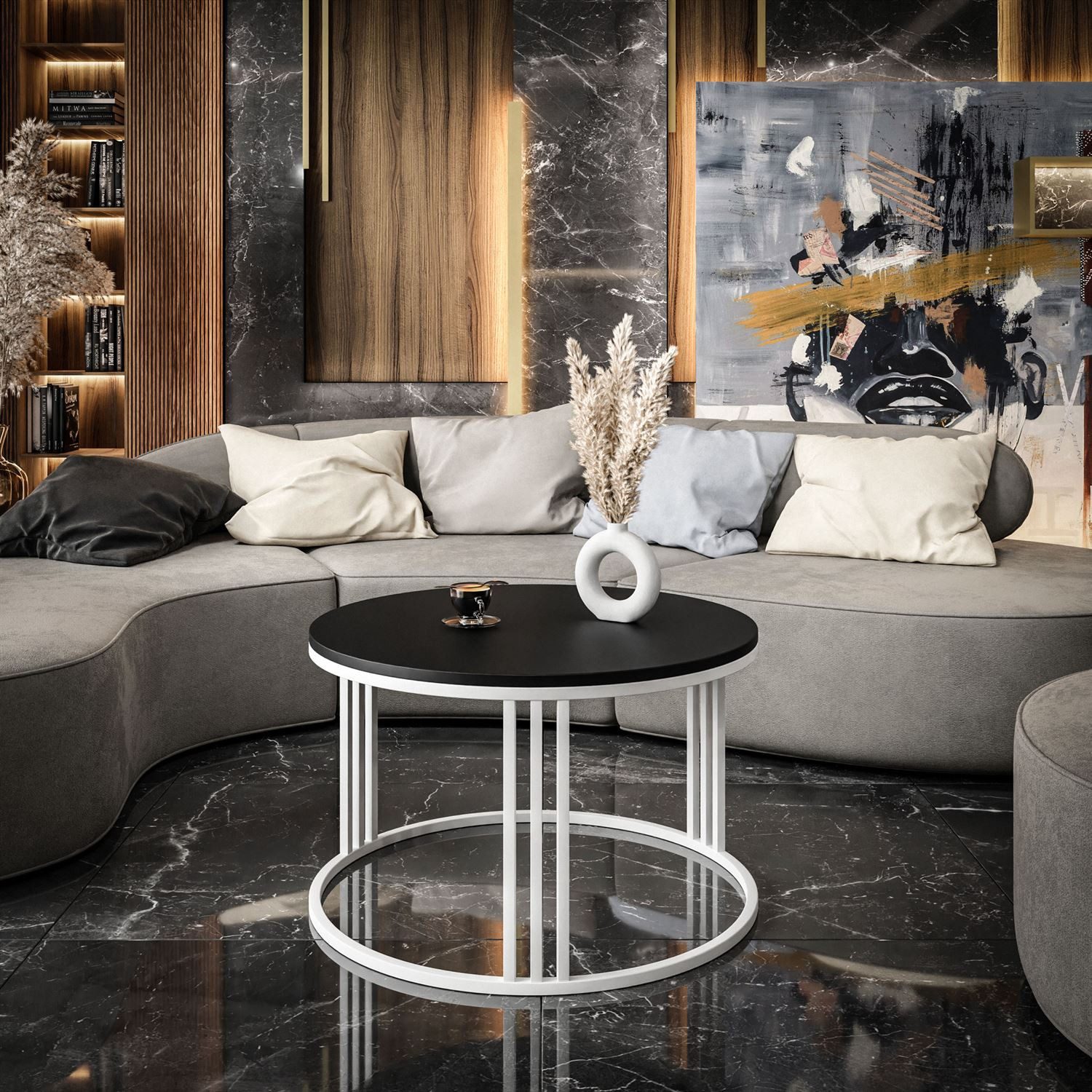Lookway Couchtisch LORI mit Schwarzer Mattplatte (1x Couchtisch), Durchmesser: ⌀70 cm