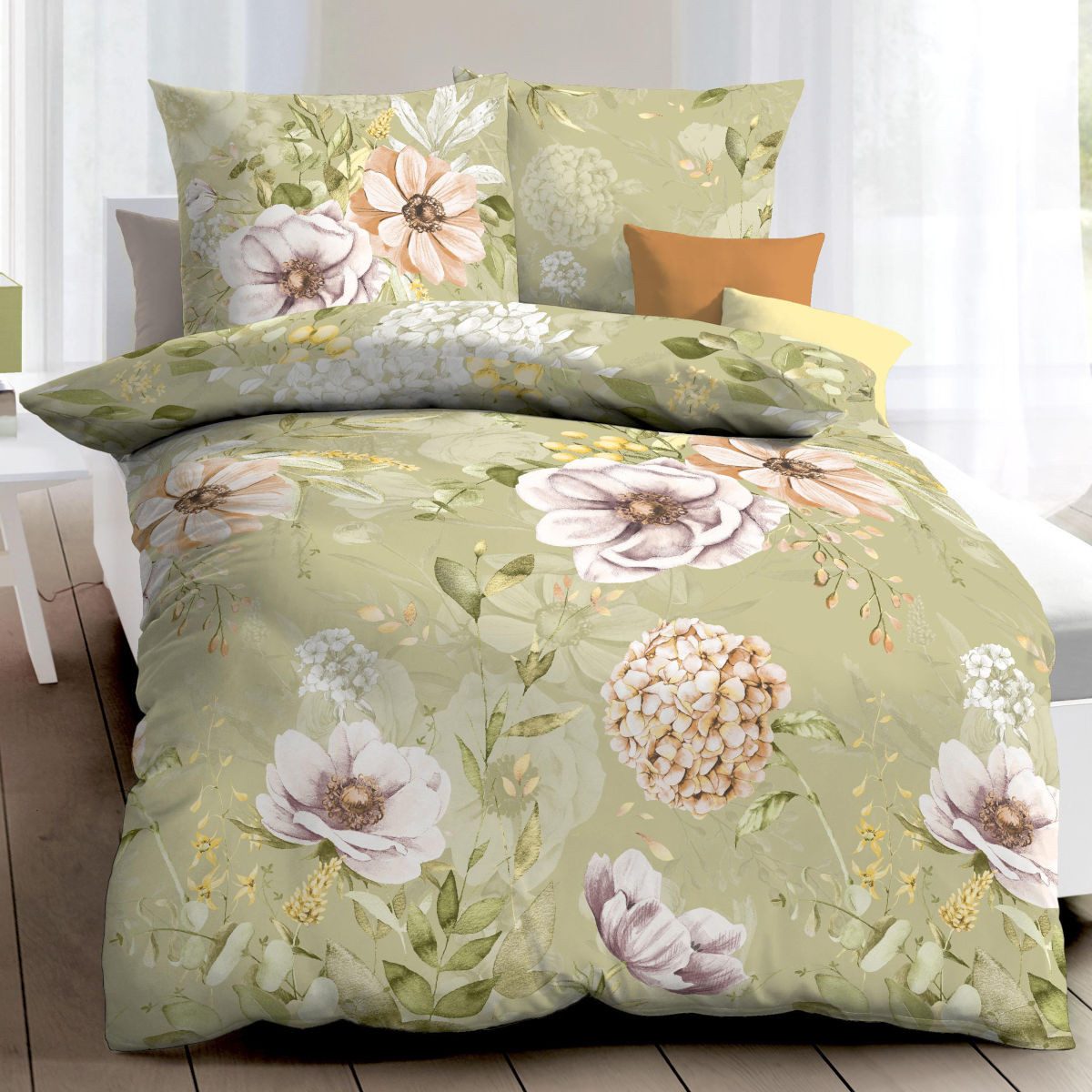 Kaeppel Bettwäsche Jersey Gabriella in 135x200 + 80x80 cm 33613 lind Blumen, Jersey, 2 teilig, 100% Baumwolle