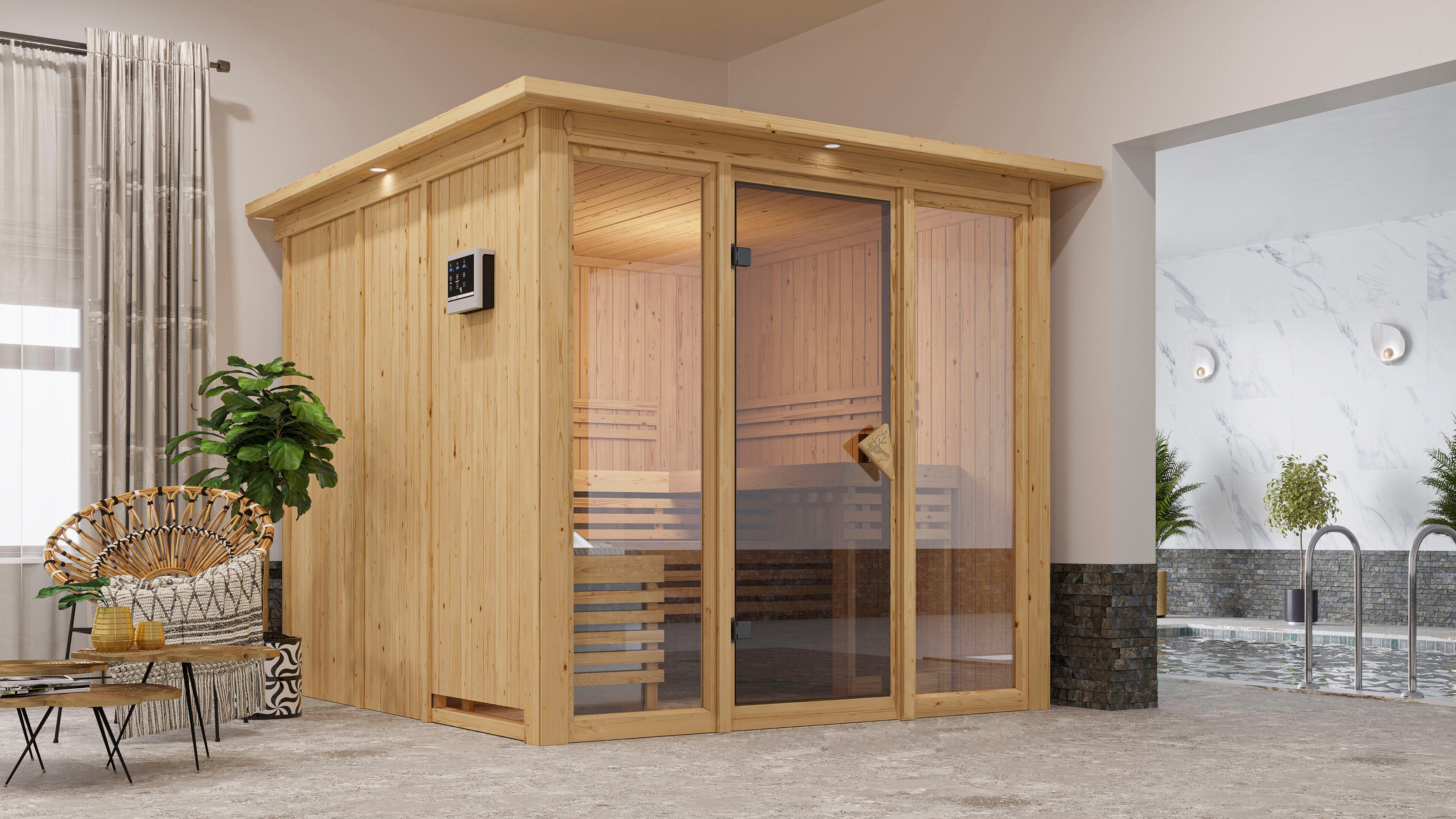 Thumbnail - welltime Sauna Artja, BxTxH: 240,5 x 248 x 202 cm, 68 mm, (Set) naturbelassen, mit Ofen 9 kW ext. Steuerung