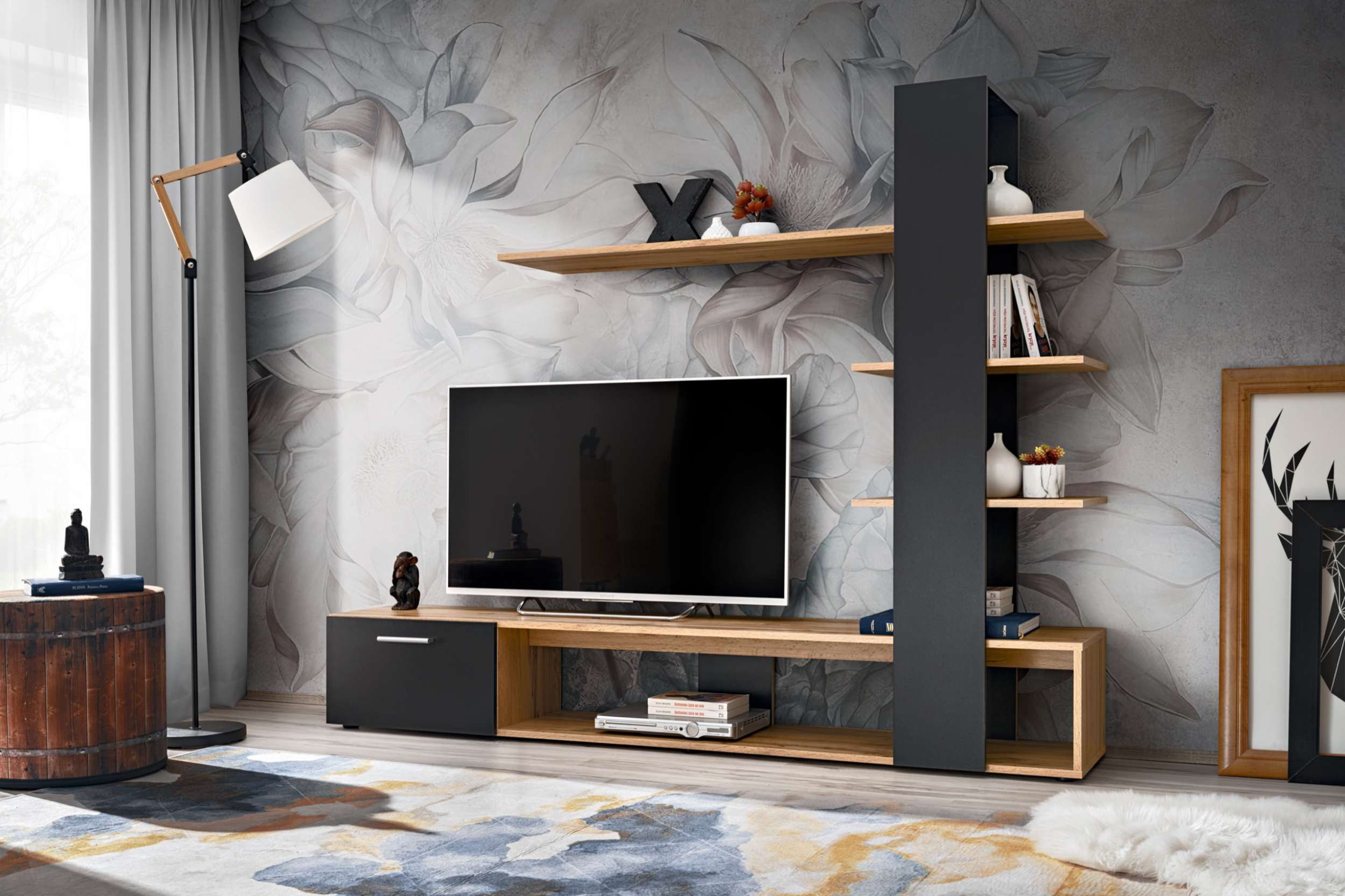99rooms Wohnwand Emo, (Set (2 St), Wohnzimmer-Set, Komplettset), 1×TV-Lowboard, 1×Wandpanel mit 3×Wandboard