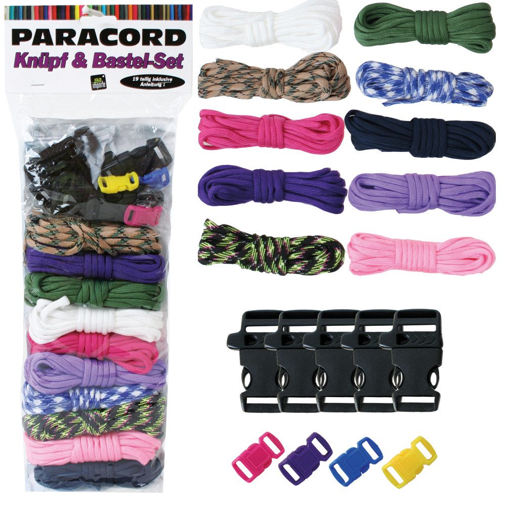 TE-Trend Kordel Paracord Seil Set 19-teilig Kernmantel Seil Steckschliesser, Hochstabiles Fallschirm Seil