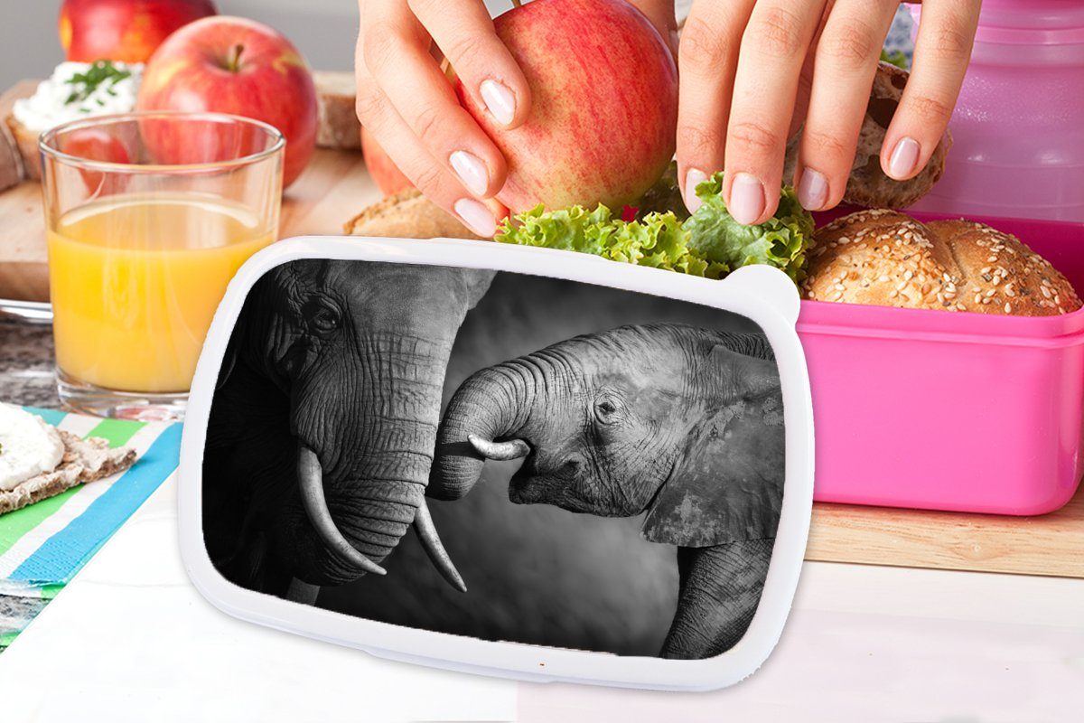 MuchoWow Lunchbox Wildtiere - Elefant Erwachsene, für Porträt, (2-tlg), rosa Kinder, - Brotdose Schwarz Kunststoff Brotbox Mädchen, Snackbox, - Weiß - Kunststoff