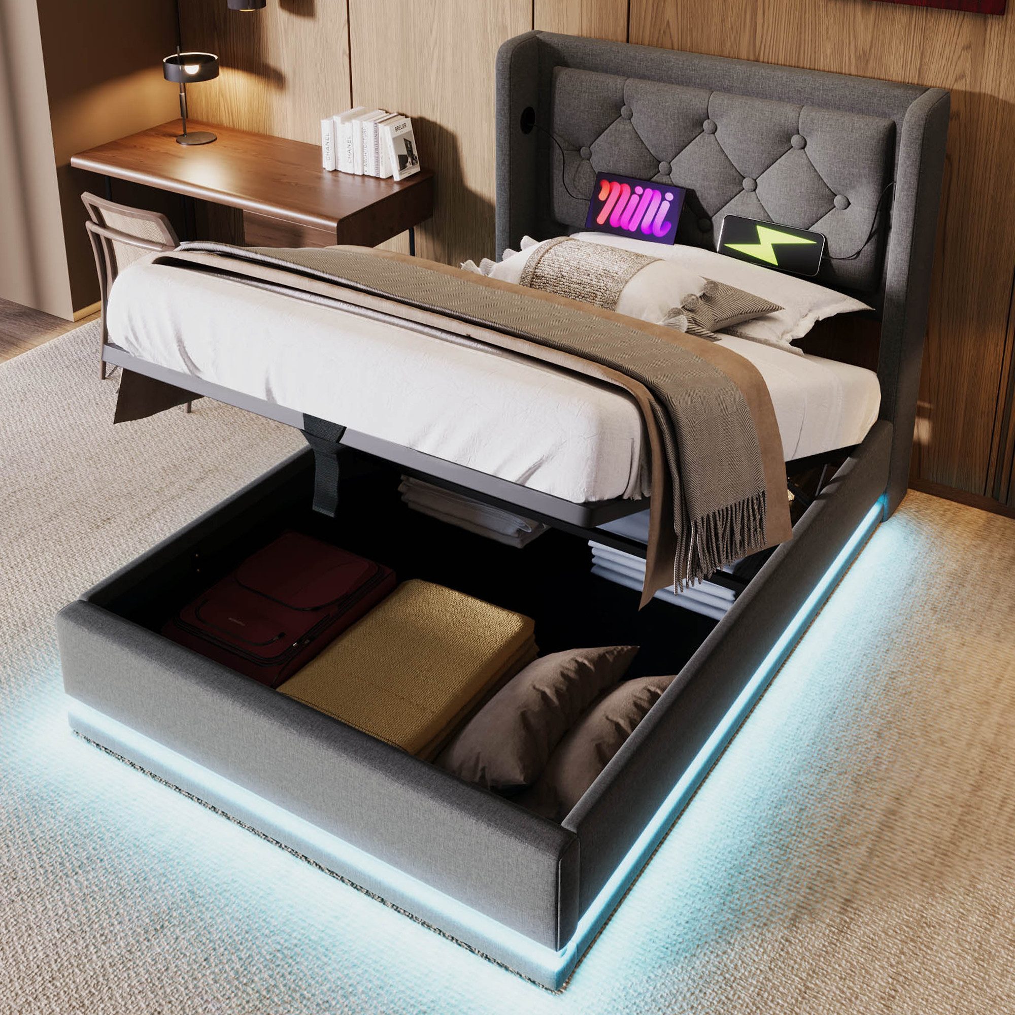 Flieks Polsterbett, LED Hydraulisches Stauraumbett Einzelbett 90x200cm mit günstig online kaufen