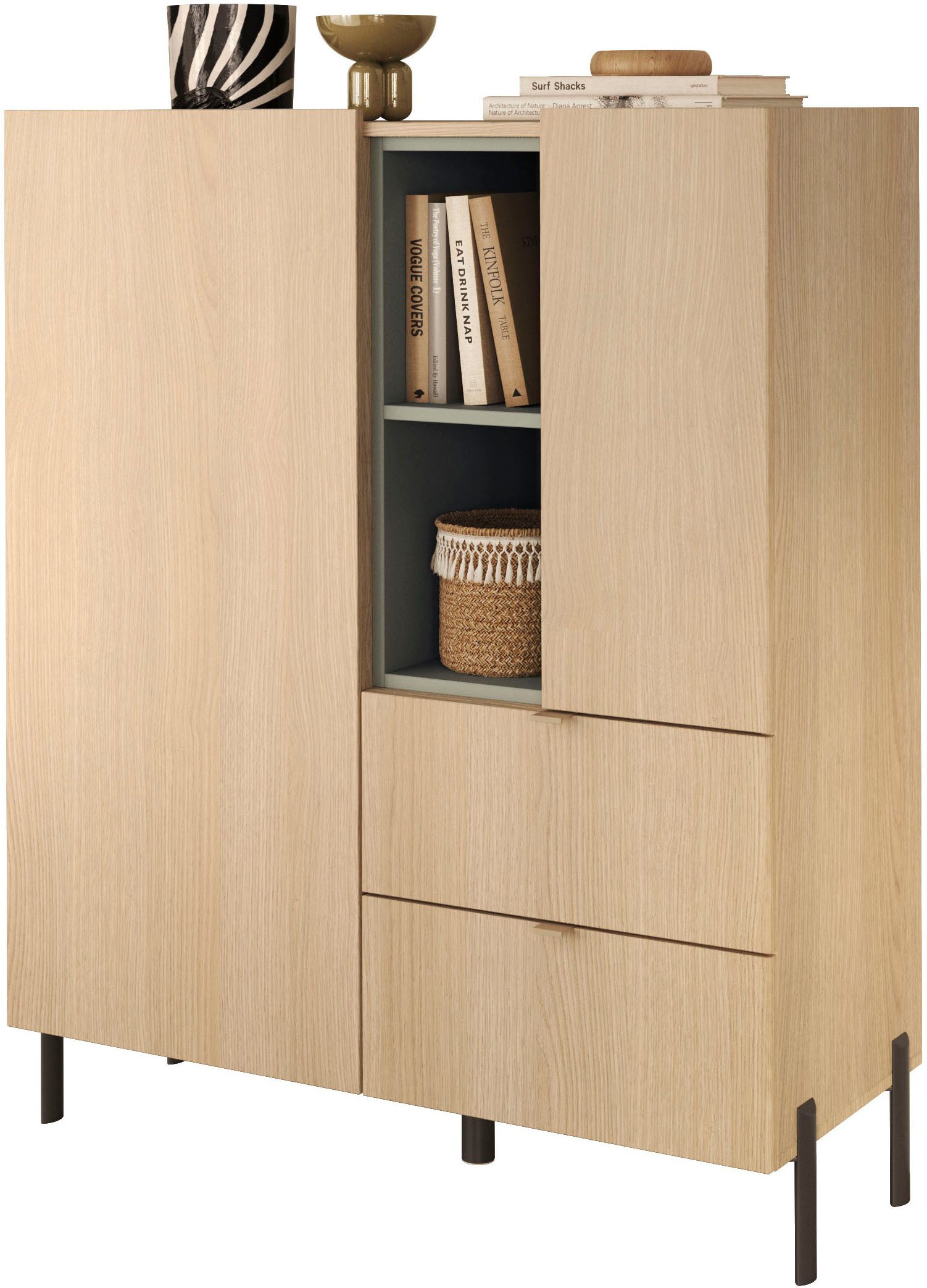 OTTO home Highboard Badia, B/H 101/124 cm, 2 Türen, 2 Schubkästen, Stauraumschrank, Innenliegendes Top, gerade Metallfüße, salbeigrüne Farbakzente