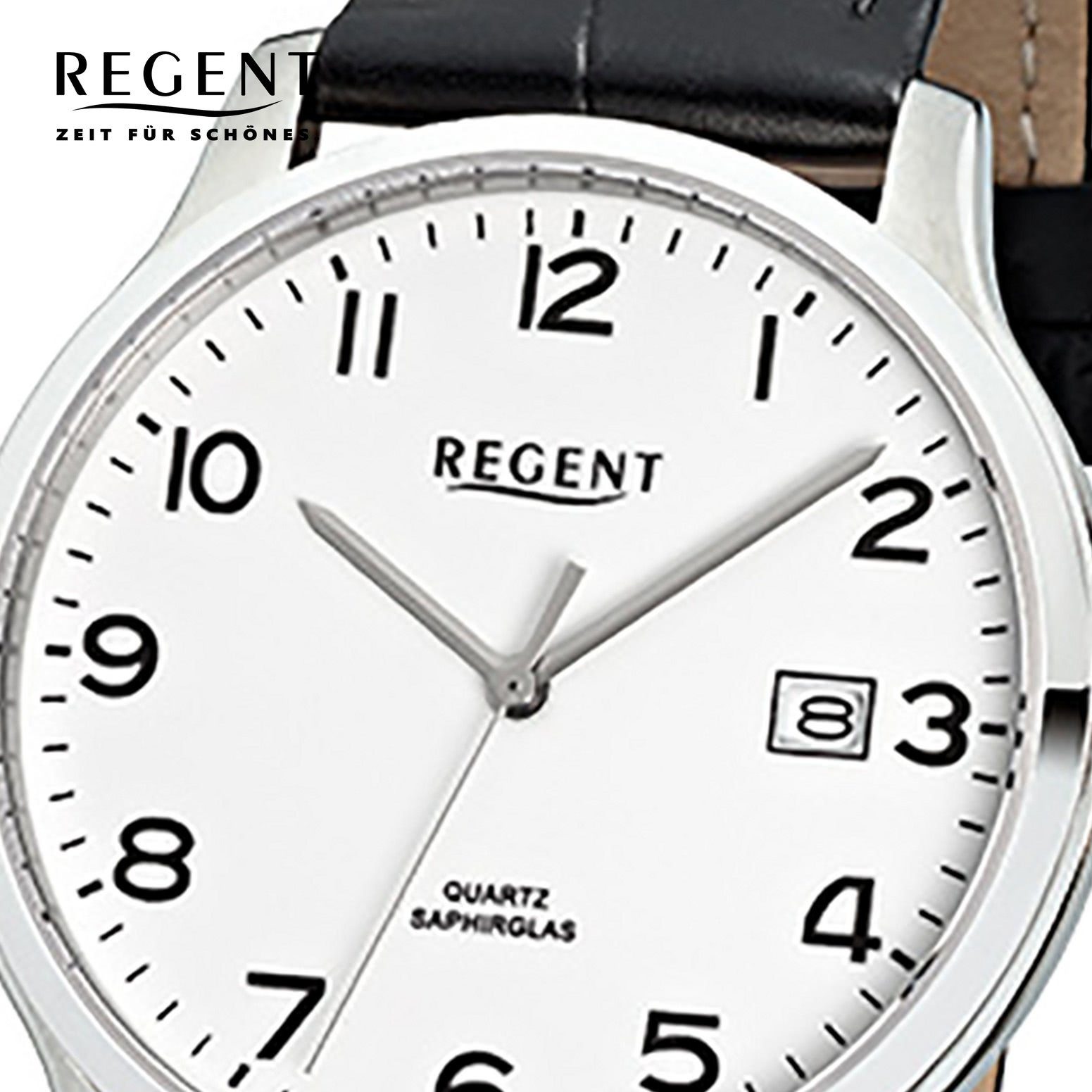 Regent Quarzuhr Regent Herren-Armbanduhr schwarz Herren mittel rund, Lederarmband (ca. Analog, Armbanduhr 39mm)