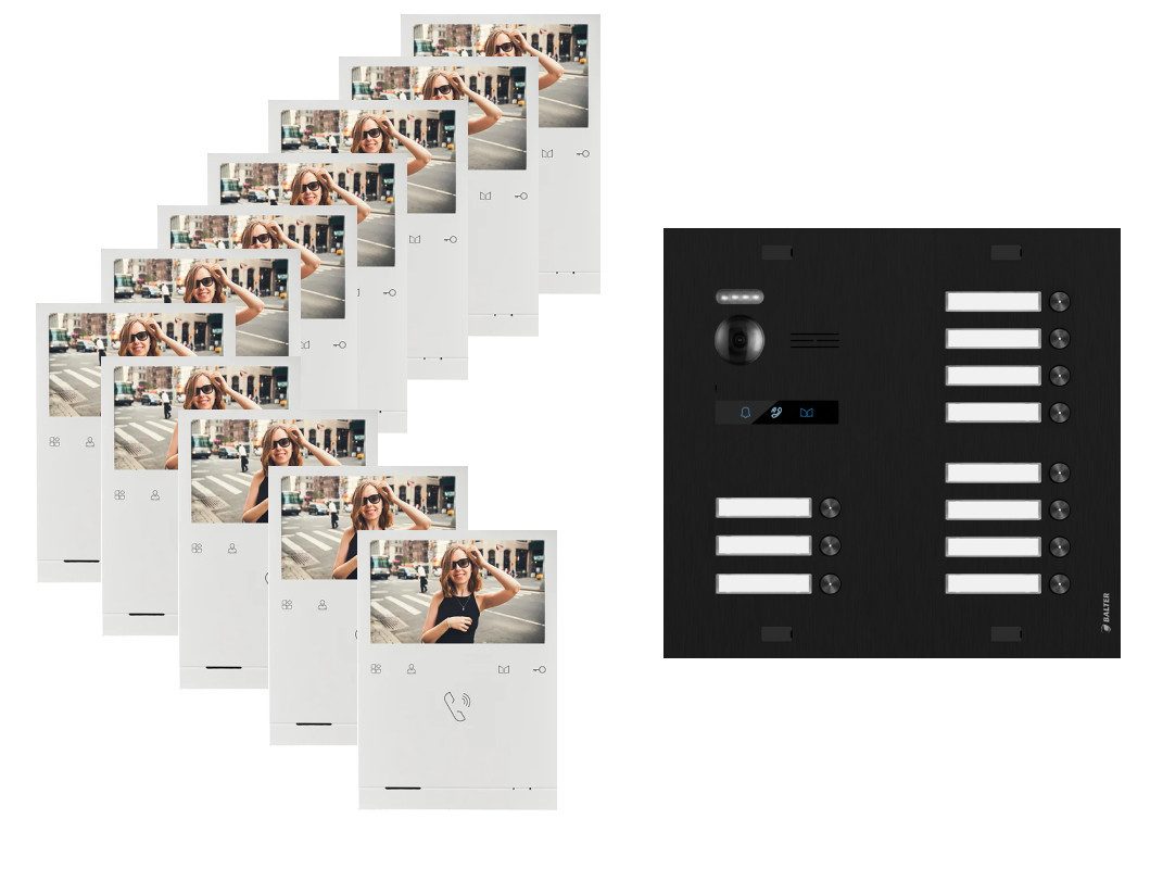 Balter Video-Türsprechanlage BALTER Türsprechanlage EVO QUICK mit 11x 4,3 11-Familienhaus Schwarz (Set, 3-Familienhaus, Komplettset, Analog 150° Kamera, Farbdisplay-Monitor)