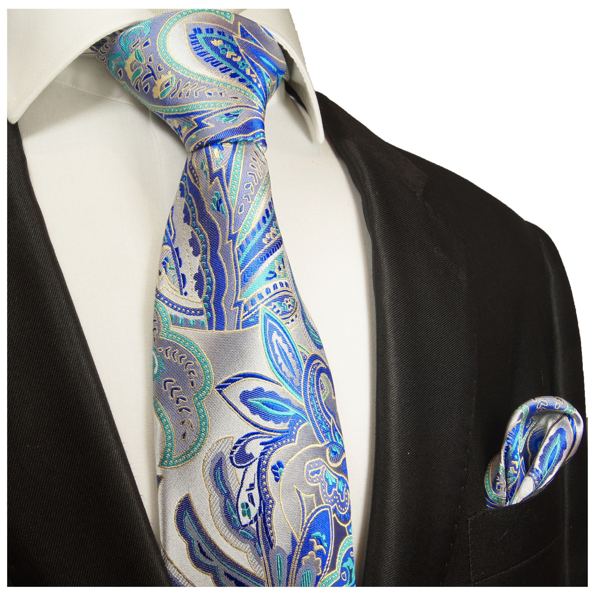 mit paisley 2019 Krawatte Herren Tuch silber Krawatte blau Malone Breit Seidenkrawatte Seide Paul Elegante mit 100% (8cm), Einstecktuch) 2-St., (Set,