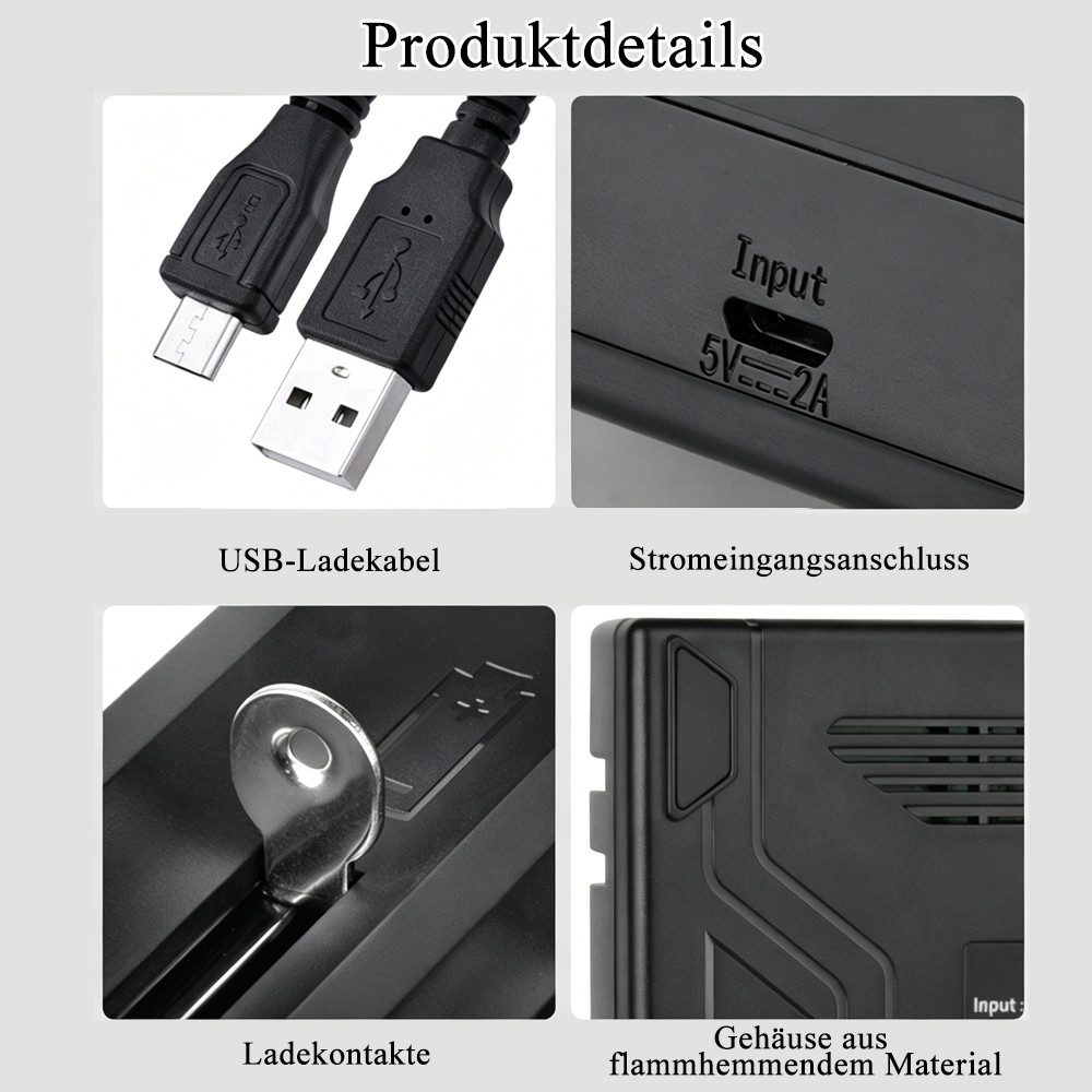 AFKSMILE 4 Ladeplätze Ladegerät für 18650-Akkus, Display Batterieladegerät Akku-Ladestation (2000mA, Ladegerät für 3,6/3,7V-Lithium-Ionen-Akkus und 1,2V-NiMH-Akkus)