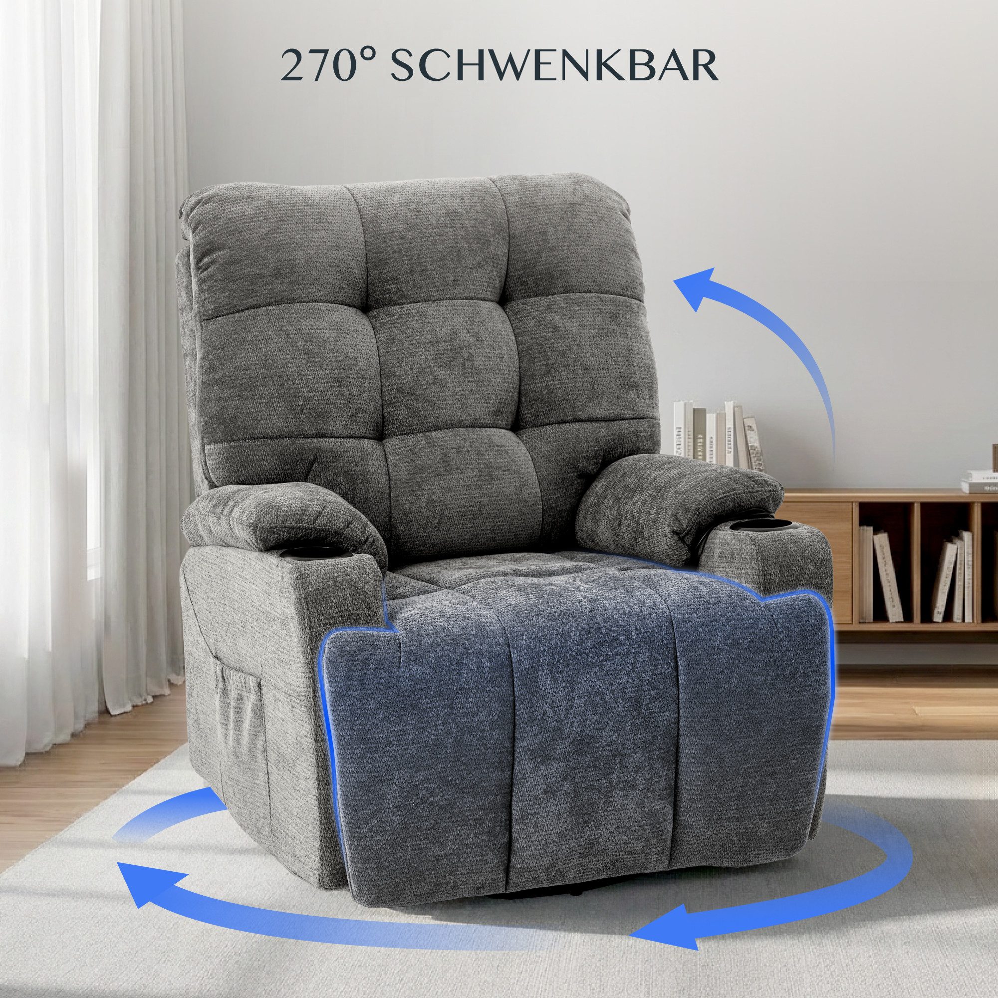 FLEXISPOT Relaxsessel Elektrischer Schaukelsessel, Massagesessel, Fernsehsessel,360°drehbar (mit Heiz- und Liegefunktion, 8-Punkt-Massage, USB-/Type-C-Ansclhluss, 2 Seitentaschen, 2 integrierte Getränkehalter, 105°-165° verstellbar), belastbar bis 200 kg, XR7 CURVE
