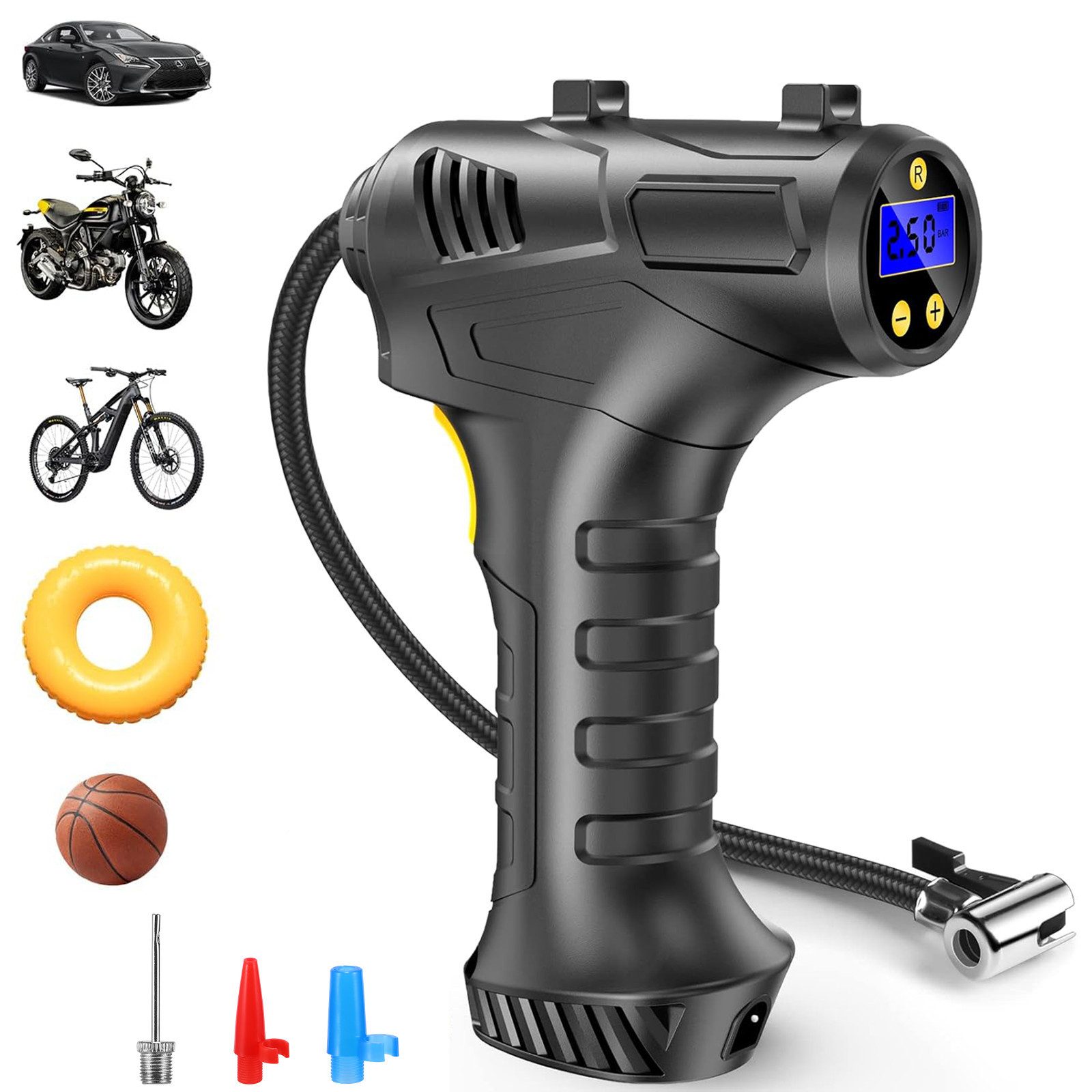 Akku-Luftpumpe Elektrische Luftpumpe 12V, Tragbare Digitale Fahrradpumpe mit 3 Düsen