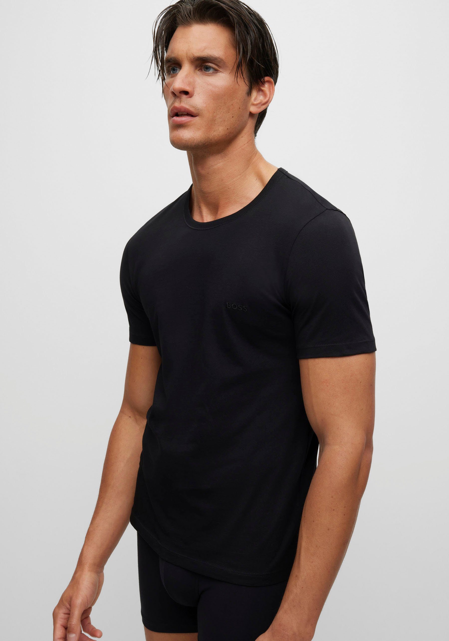 Logo-Print BOSS T-Shirt mit BOSS black001 T-Shirt dezentem (3er-Pack) Rundhals