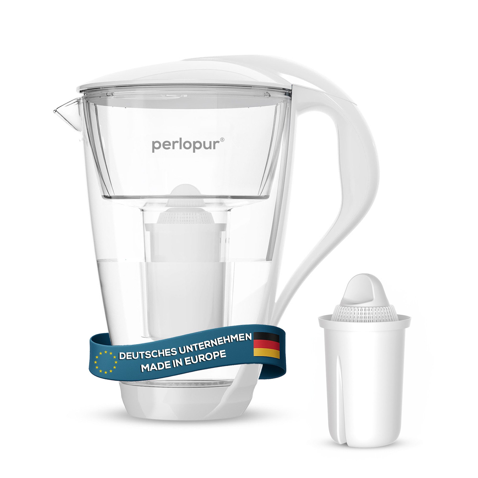 PerloPur Wasserfilter Glas Weiß Inkl. 1 Universal Filterkartusche, Zubehör für Brita Classic u. PearlCo Classic