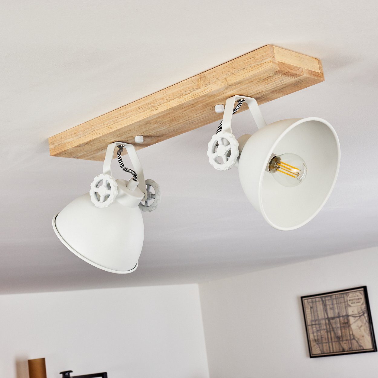 mit Metall/Holz Leuchtmittel, in Deckenleuchte Deckenlampe aus Design Weiß/Natur, hofstein Strahlern, verstellbaren 2xE14, Retro/Vinatge ohne »Mot«