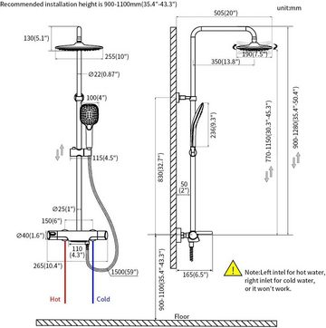 PHASAT Duschsystem Schwarz Thermostat Duscharmatur Duschset Regendusche, mit 3 Funktion Handbrause und Überkopfbrause