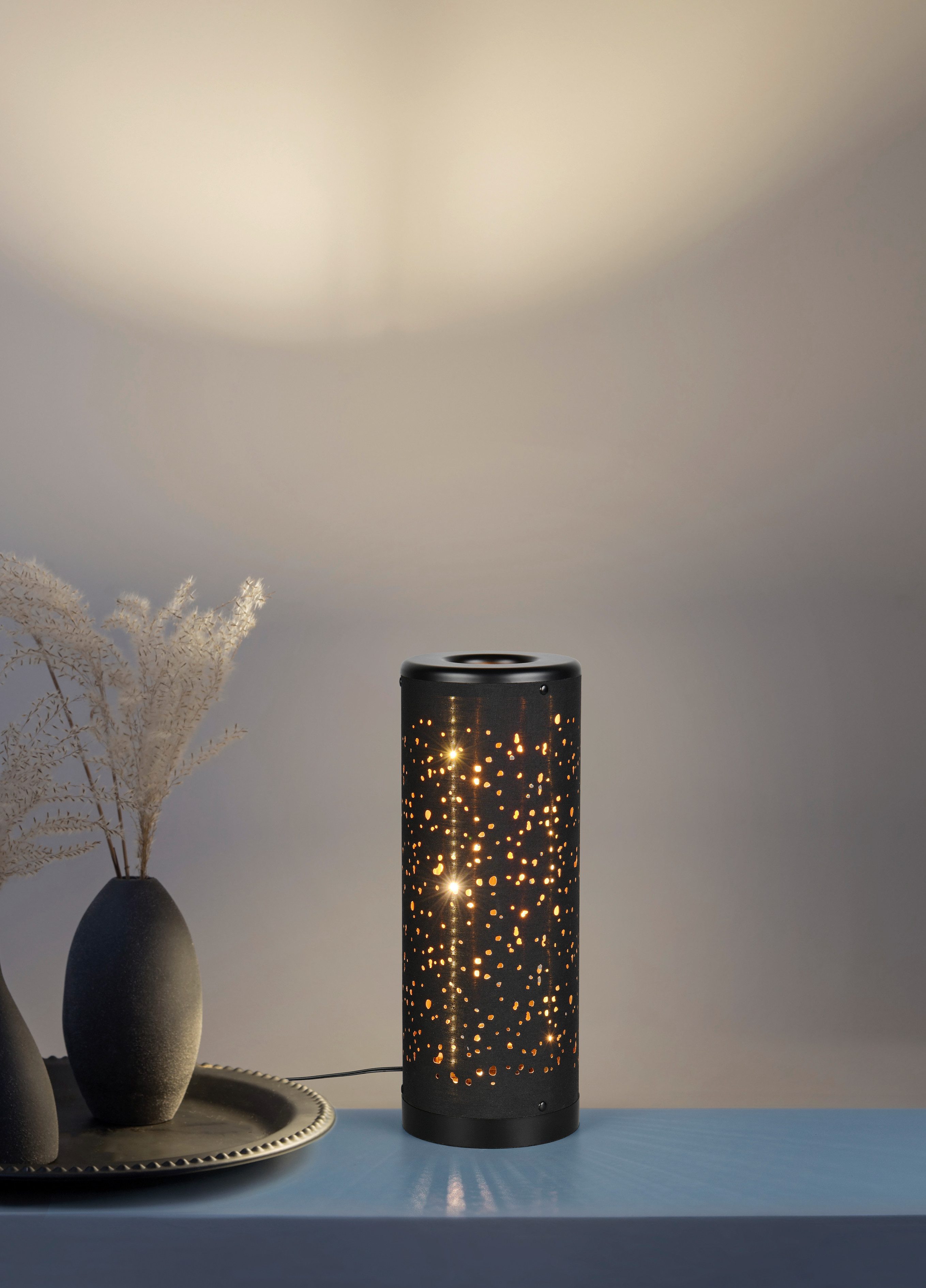 Reality Leuchten LED Tischleuchte TACO, LED Tischlampe Kunststoff Starlight Effekt Glitzer, 4W 380 Lumen, Ein-/Ausschalter, LED fest integriert, Warmweiß, 3000K warmweißes Licht, Schnurschalter Höhe 34,5cm Ø 13 cm schwarz