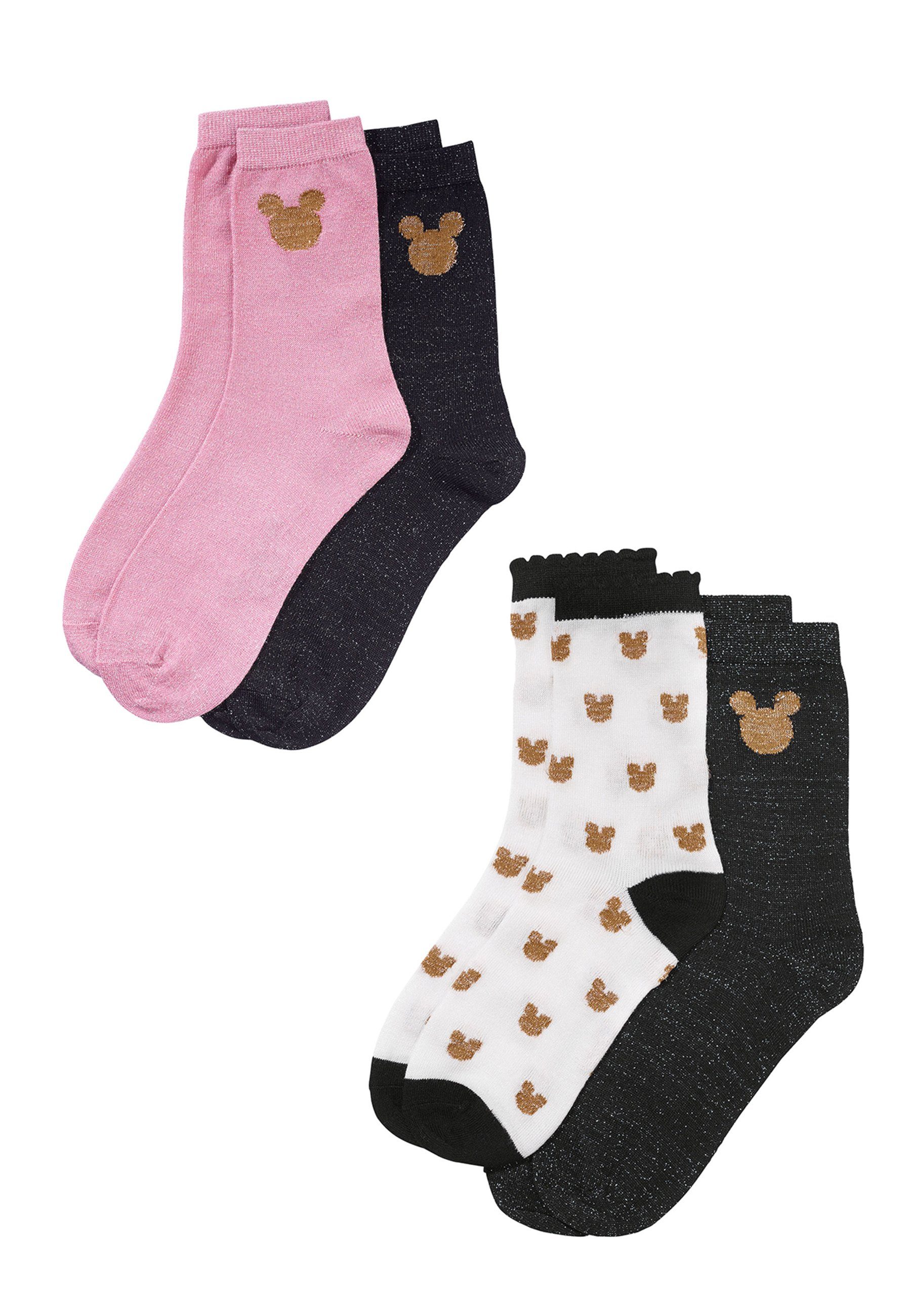 ONOMATO! Socken Mickey Mouse Damen Strümpfe Socken 4er Pack (4-Paar) rosa/schwarz