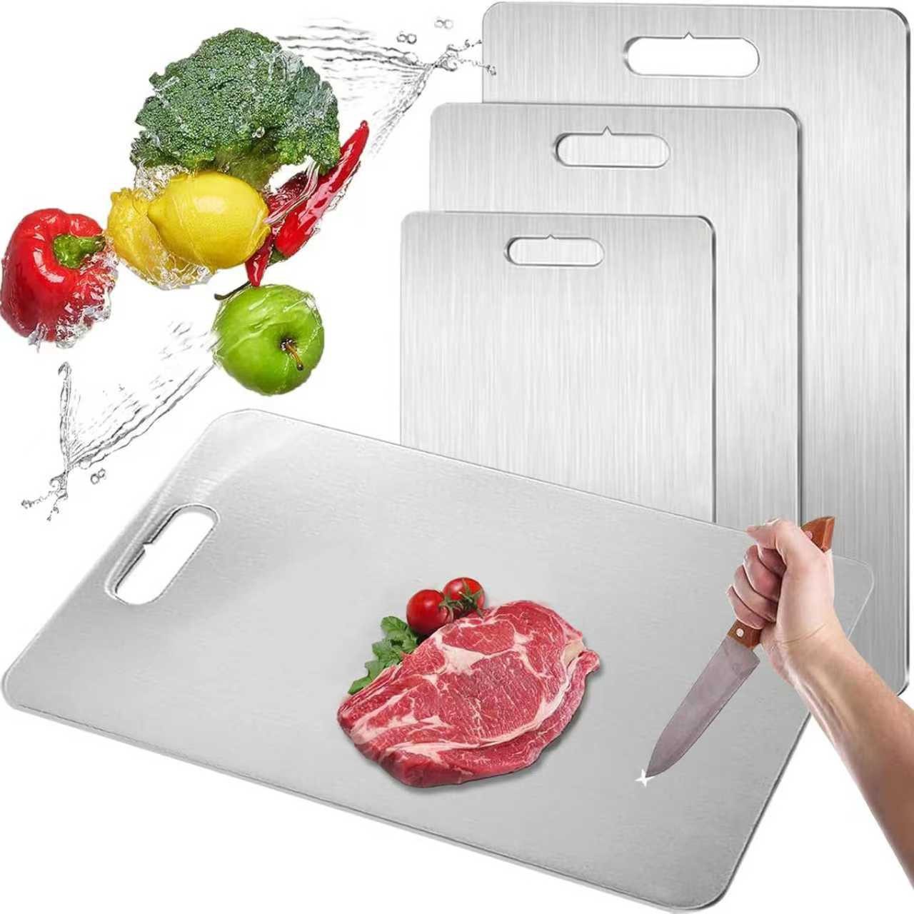 SURFOU Schneidebrett Edelstahl Schneidebrett Set 3 teilig aus 304 Edelstahl, doppelseitig, (Set), Mit abgerundeten Ecken, Aufhaengeoese, spuelmaschinengeeignet