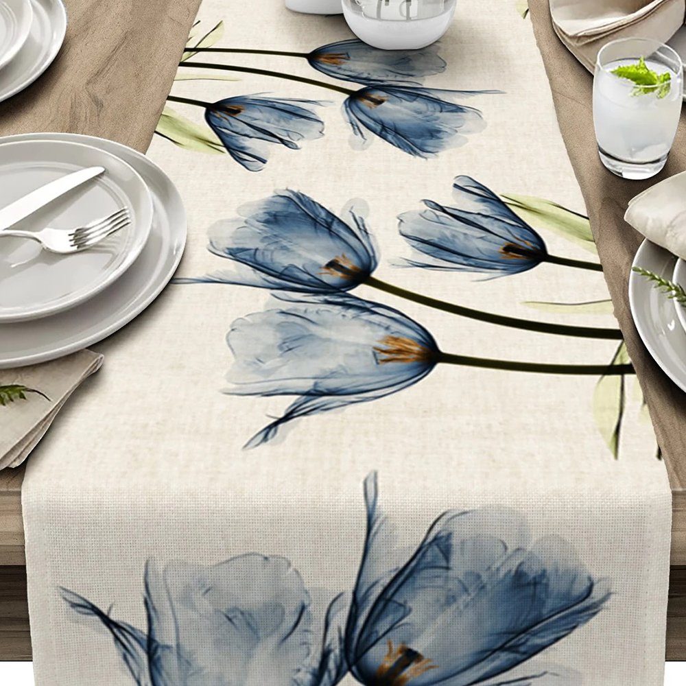 Tulpe Tischdecke Tischläufer Tischdecke 33x180cm Floral Blume FELIXLEO Blaue Waschbare